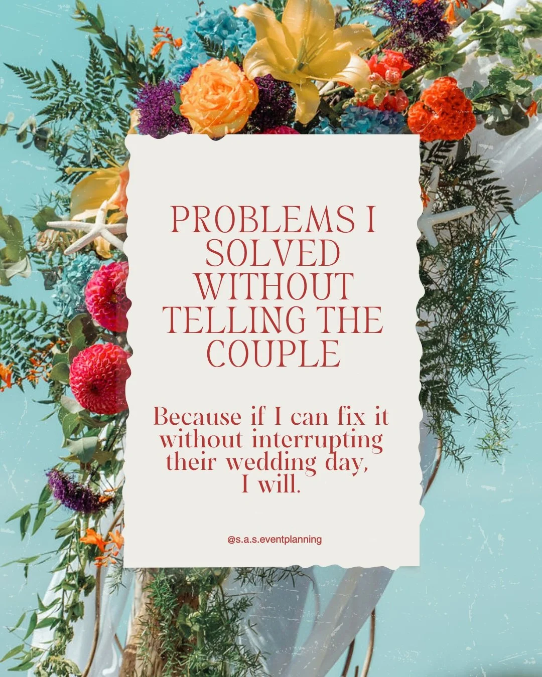Yes, these situations all actually happened.
A good coordinator not only runs your day, keeps things on track, communicates with vendors, and cues the wedding party for the ceremony, but they also problem-solve.
I don't pretend to have the answer for
