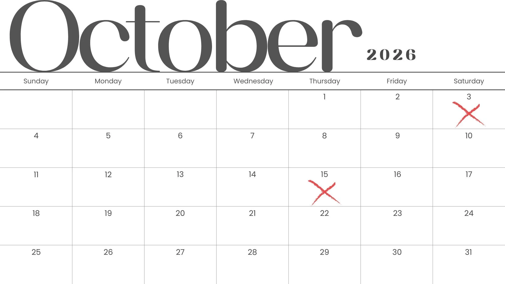 October 2026 calendar with red X marks on the 3rd, 15th, and 22nd.