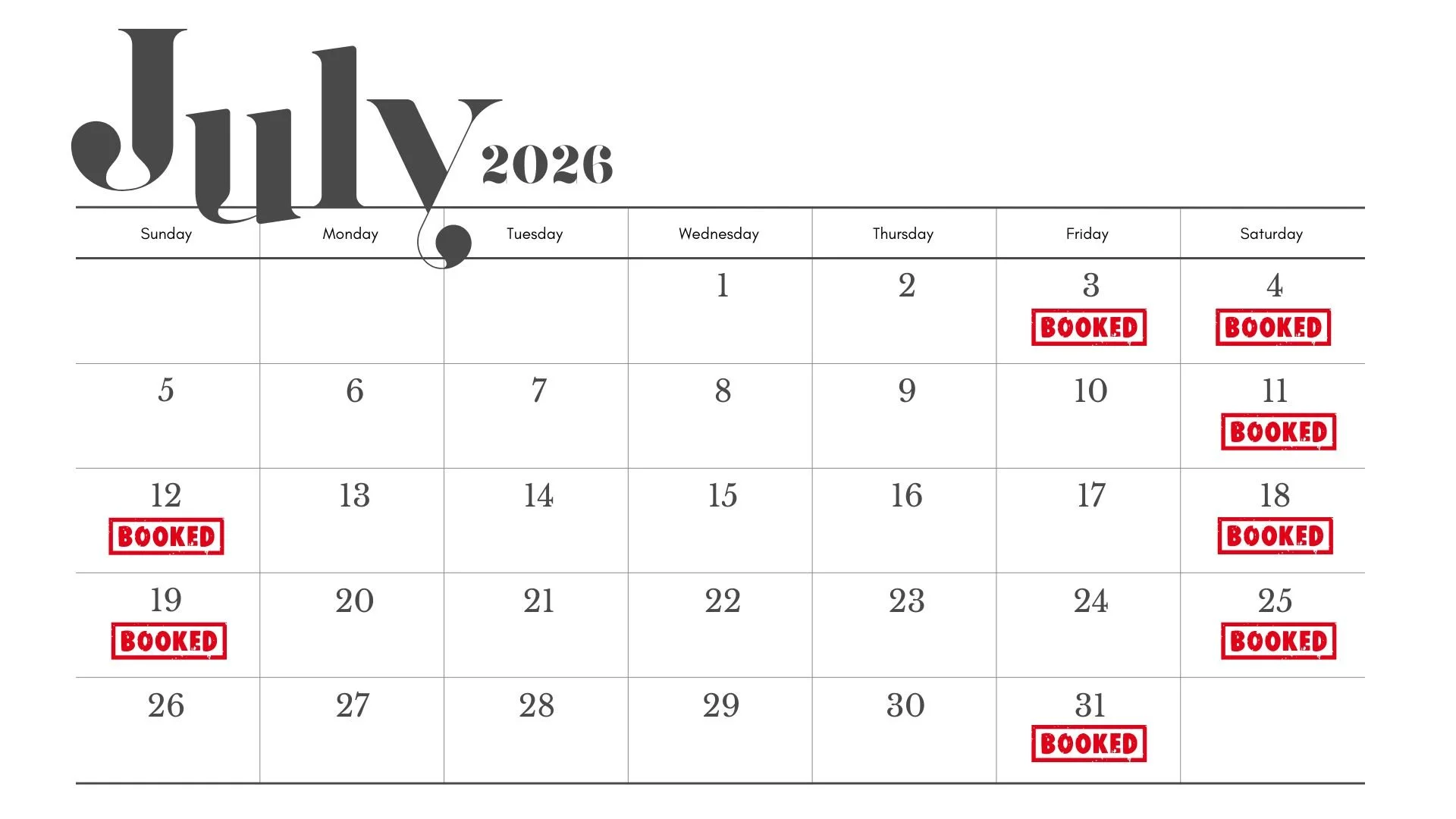A calendar for July 2026, with several dates marked as booked in red stamp labels, specifically on July 3, 4, 11, 12, 18, 19, 25, and 31.