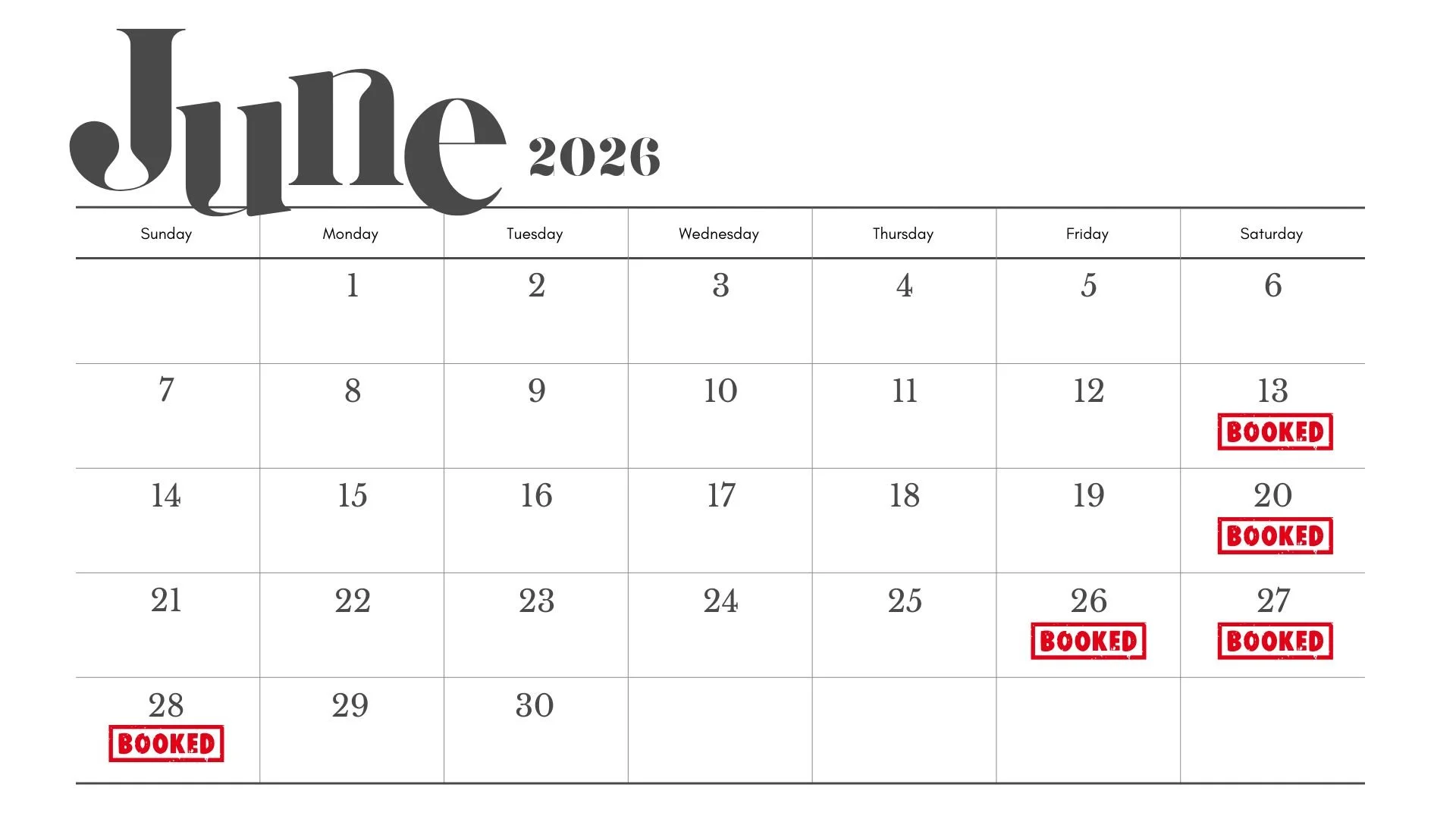 2026 calendar for July with the dates 13, 20, and 26 marked as booked in red stamps.