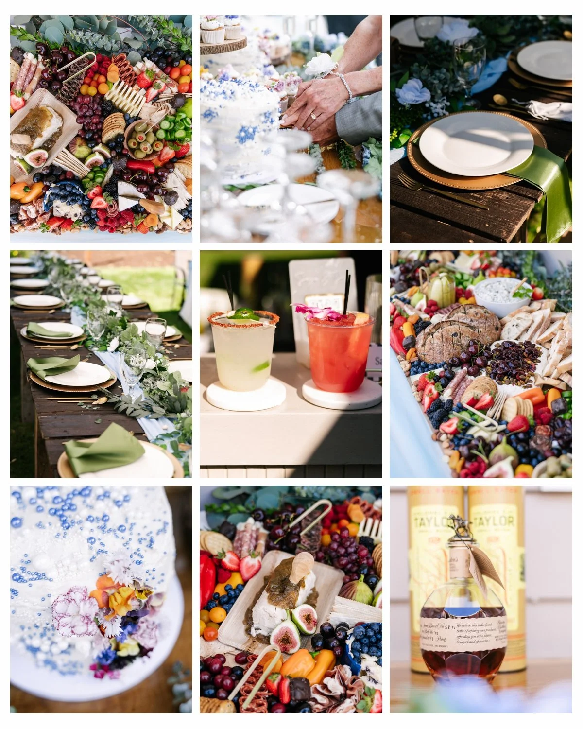 A collage of images from a wedding: a colorful fruit and cheese platter, a wedding cake being decorated, a table setting with plates and greenery, a long dining table set for the reception, two cocktails with lime and flower garnishes, another fruit 