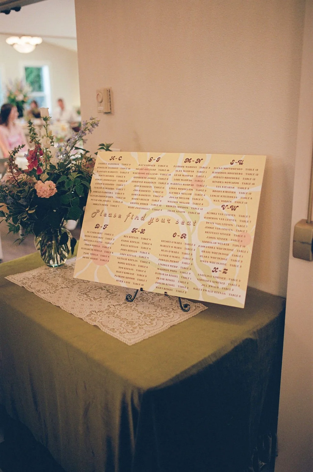 A wedding seating chart on an easel, decorated with a floral arrangement in a glass vase, placed on a table with a lace tablecloth.