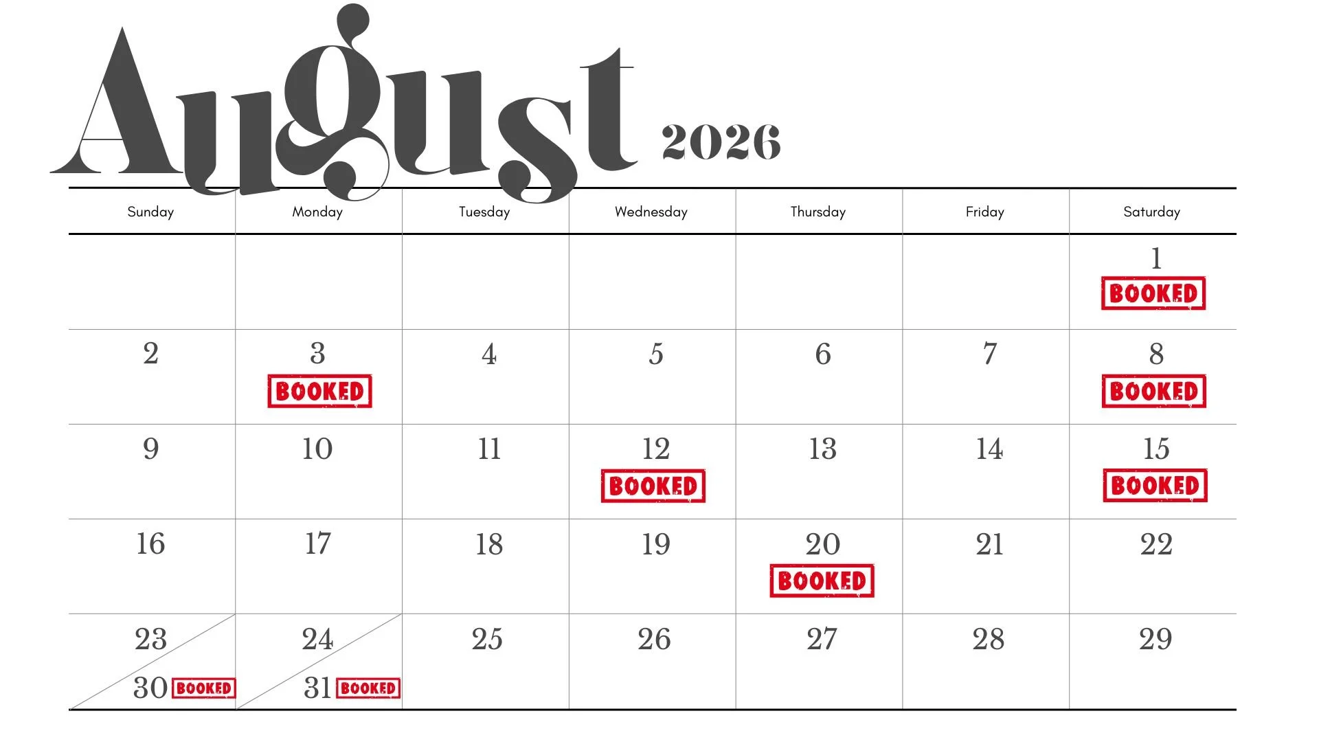 August 2026 calendar with several dates marked as booked, marked with red stamps reading 'BOOKED' on August 1, 3, 8, 12, 15, 20, 30, and 31.