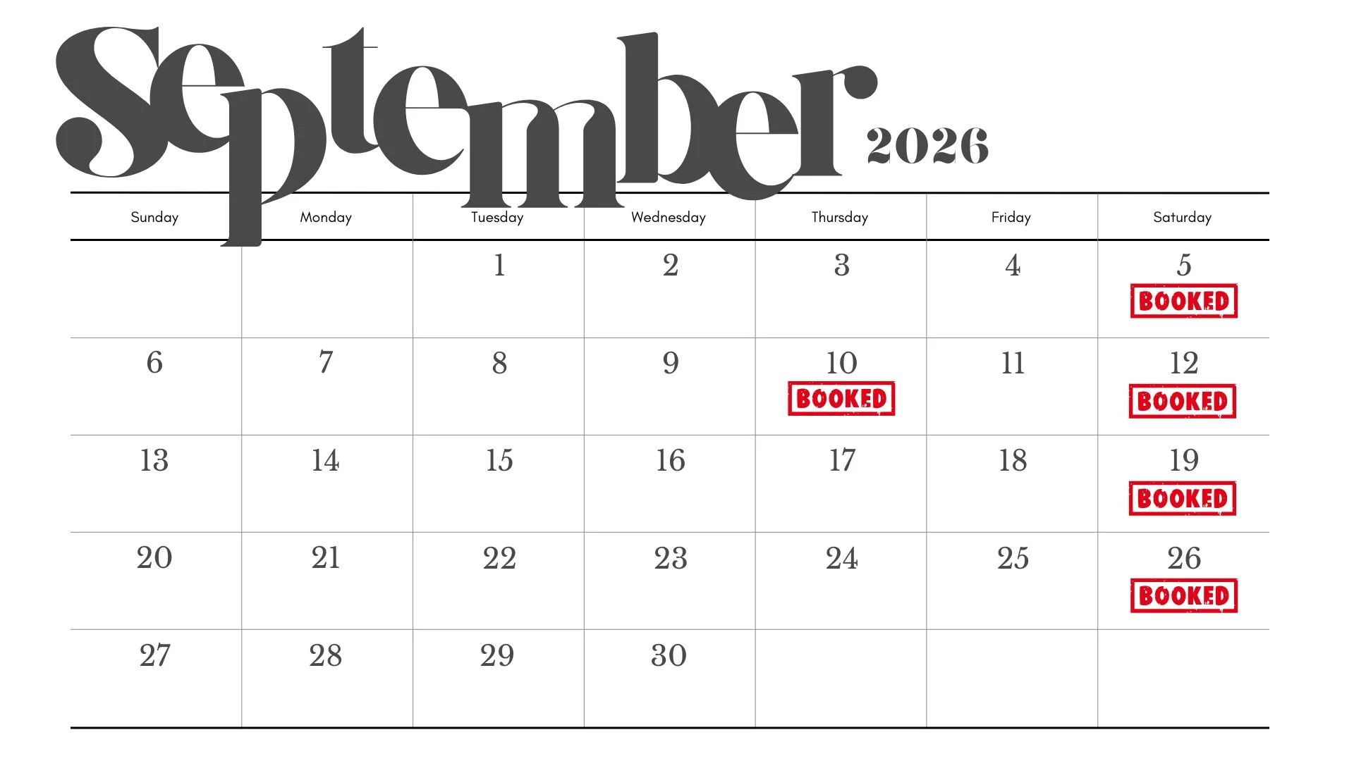 A calendar for September 2026 with all dates marked as booked in red.