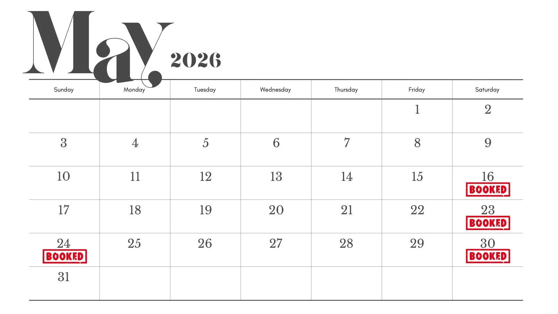 May 2026 calendar page with the word 'Booked' stamped in red on May 16, 23, 24, and 30.