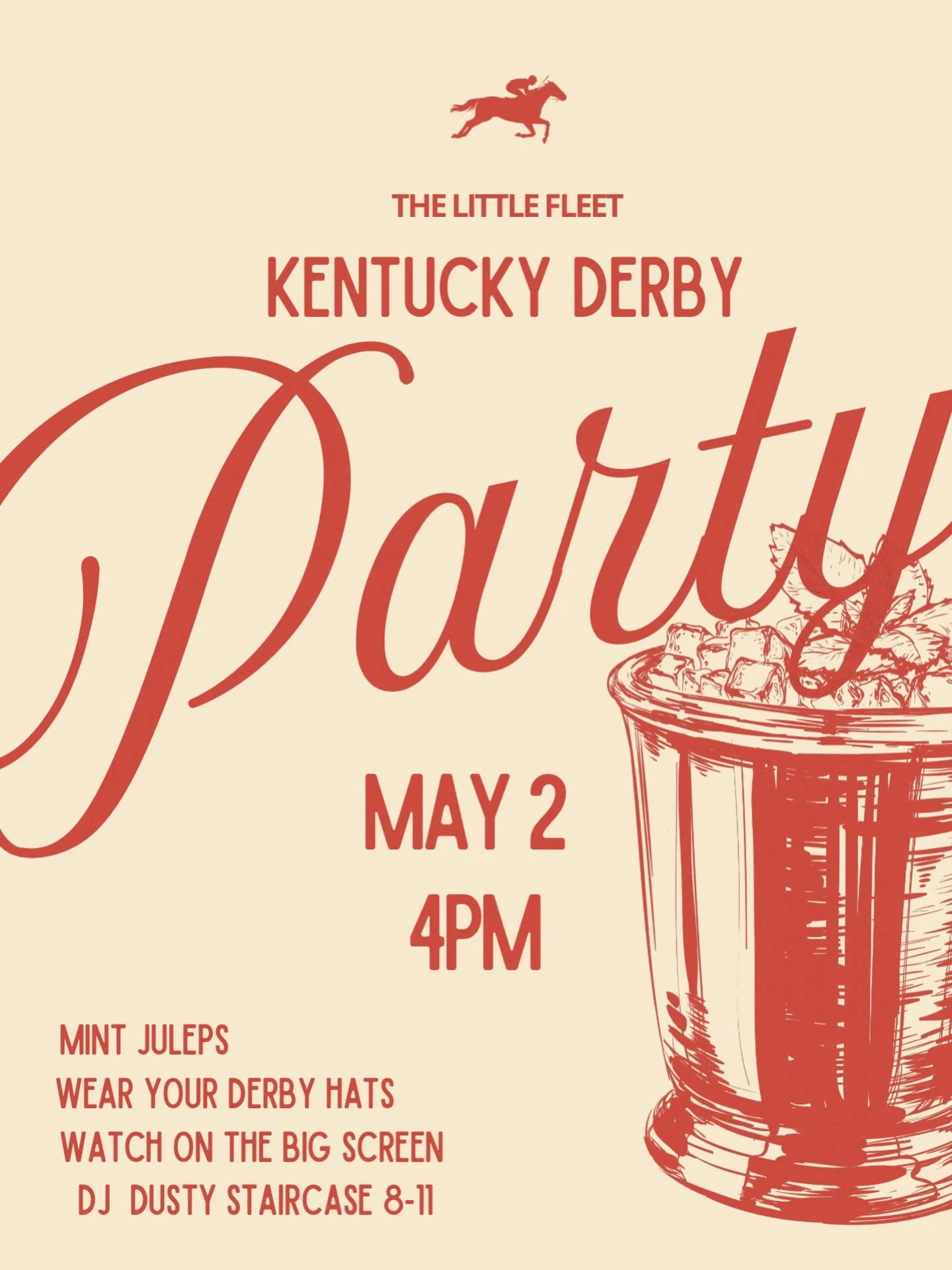 The race is on, the mint is smacked, and the whiskey is stacked.
Don&rsquo;t know about you, but we&rsquo;re putting our money on So Happy 🤞

See you today! 
Bigs hats not required &mdash; but never discouraged. 
Best dressed takes home $100 gift ca