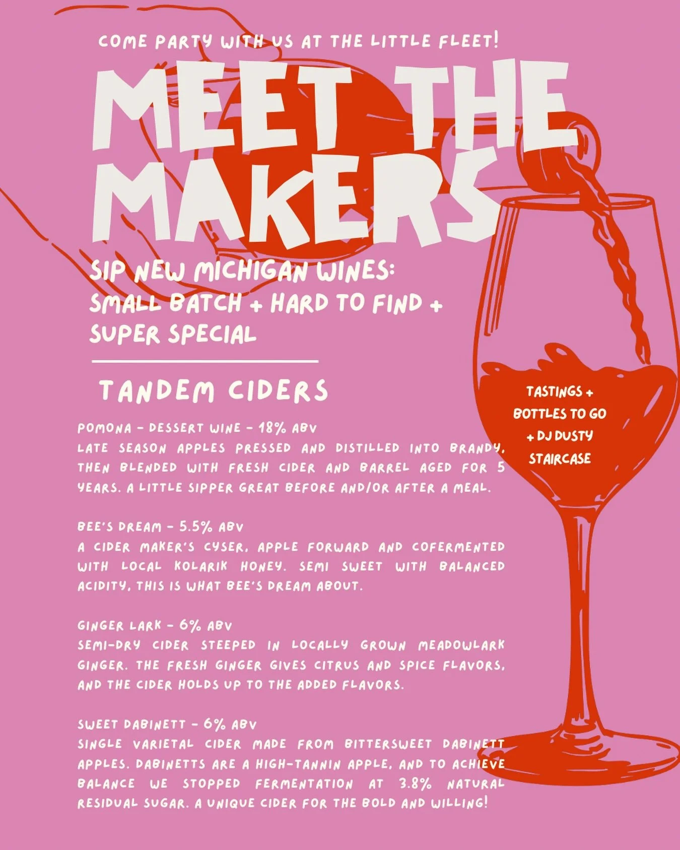Them are good apples.

Tonight from 5&ndash;7, we&rsquo;re pouring with Tandem Ciders for a little Meet the Makers situation featuring the people behind some of northern Michigan&rsquo;s finest orchard magic.

Sharp, funky, crisp, wild, and exactly w