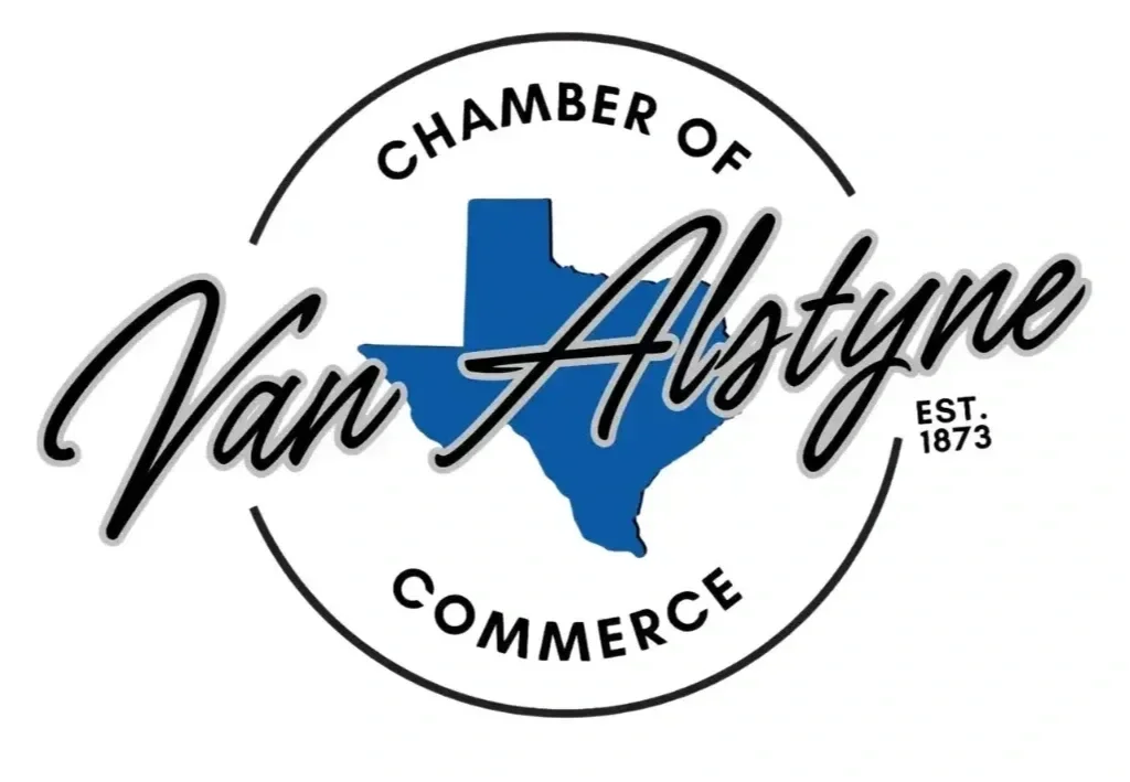 Logo for the Van Alstyne Chamber of Commerce, established in 1873, featuring a blue Texas map and stylized text.