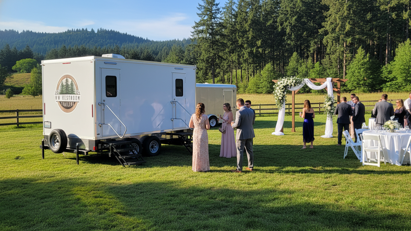 mobile restroom outside on the grass at a wedding
