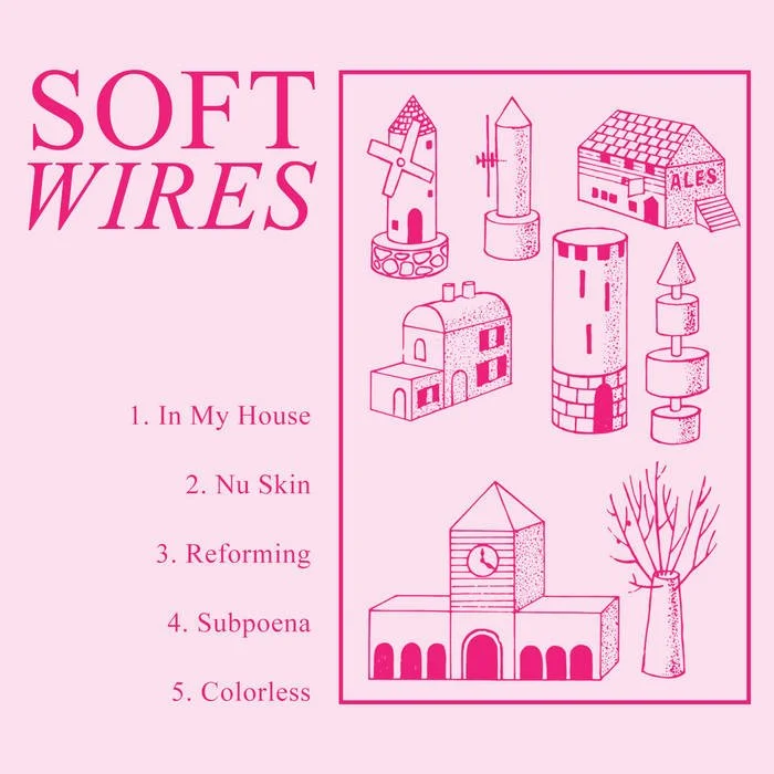 Pink promotional poster for a music album titled 'Soft Wires' with illustrated images of various wire structures, and a list of song titles.