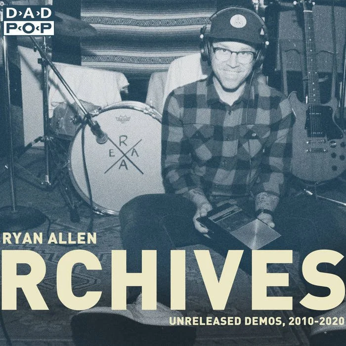 Album cover featuring Ryan Allen in studio with drums and guitar, wearing glasses and headphones, with text indicating unreleased demos from 2010 to 2020.