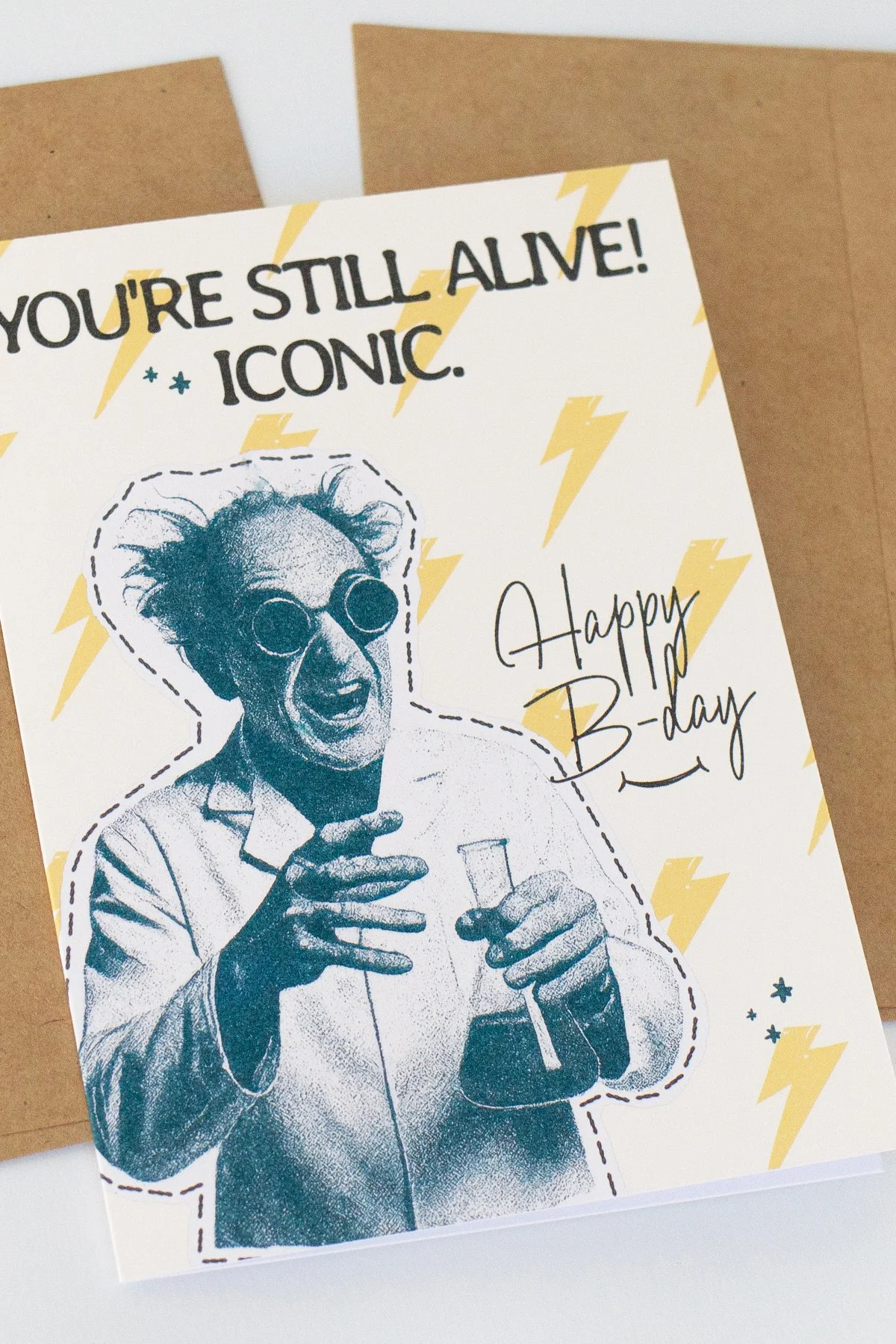 Sarcastic, retro mad scientist birthday card with lightening bolts