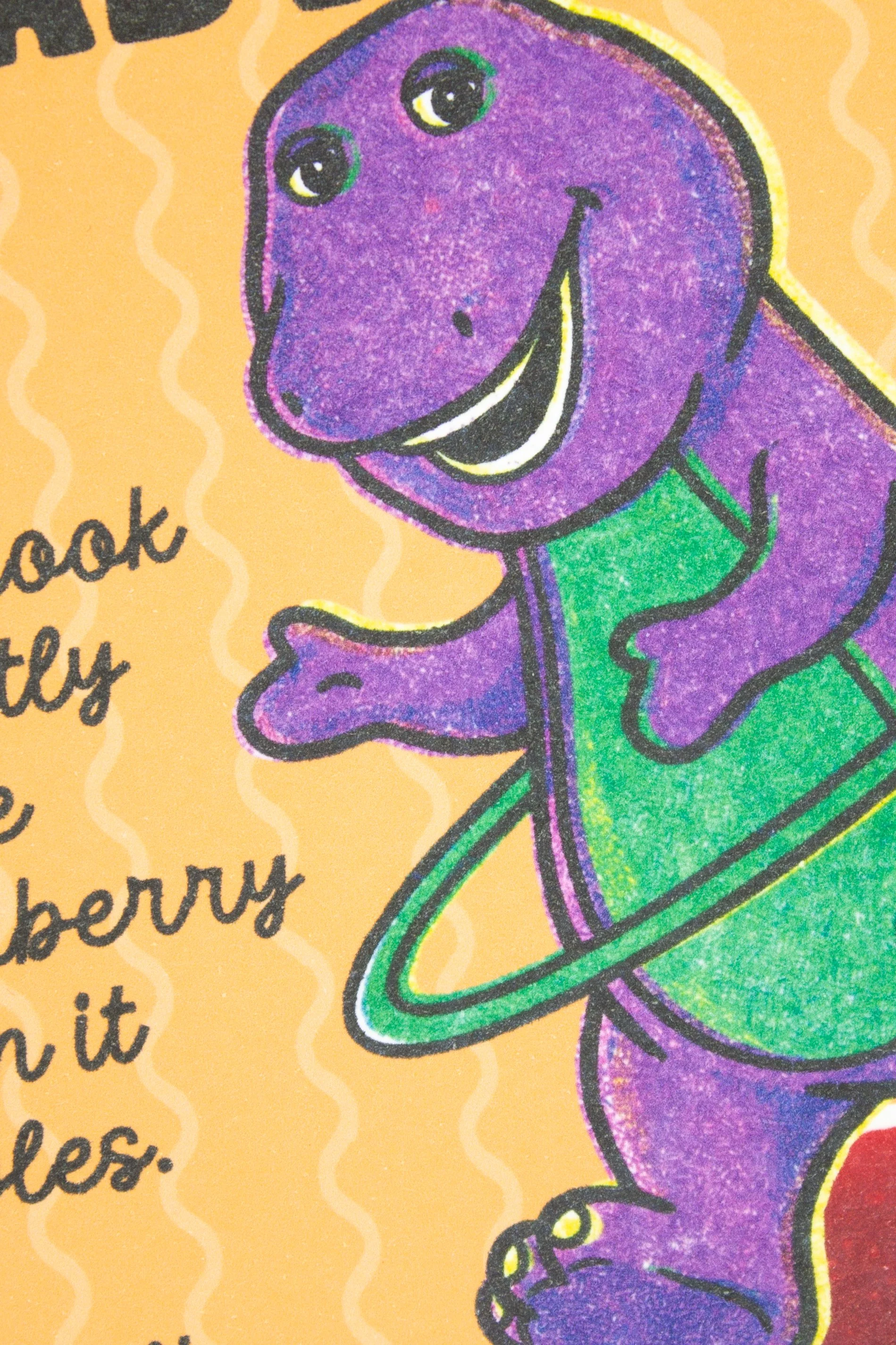 This Thanksgiving card for friends, siblings, coworkers, or fellow 90s survivors, features features Barney the purple dinosaur hula-hooping on top of canned cranberry jelly