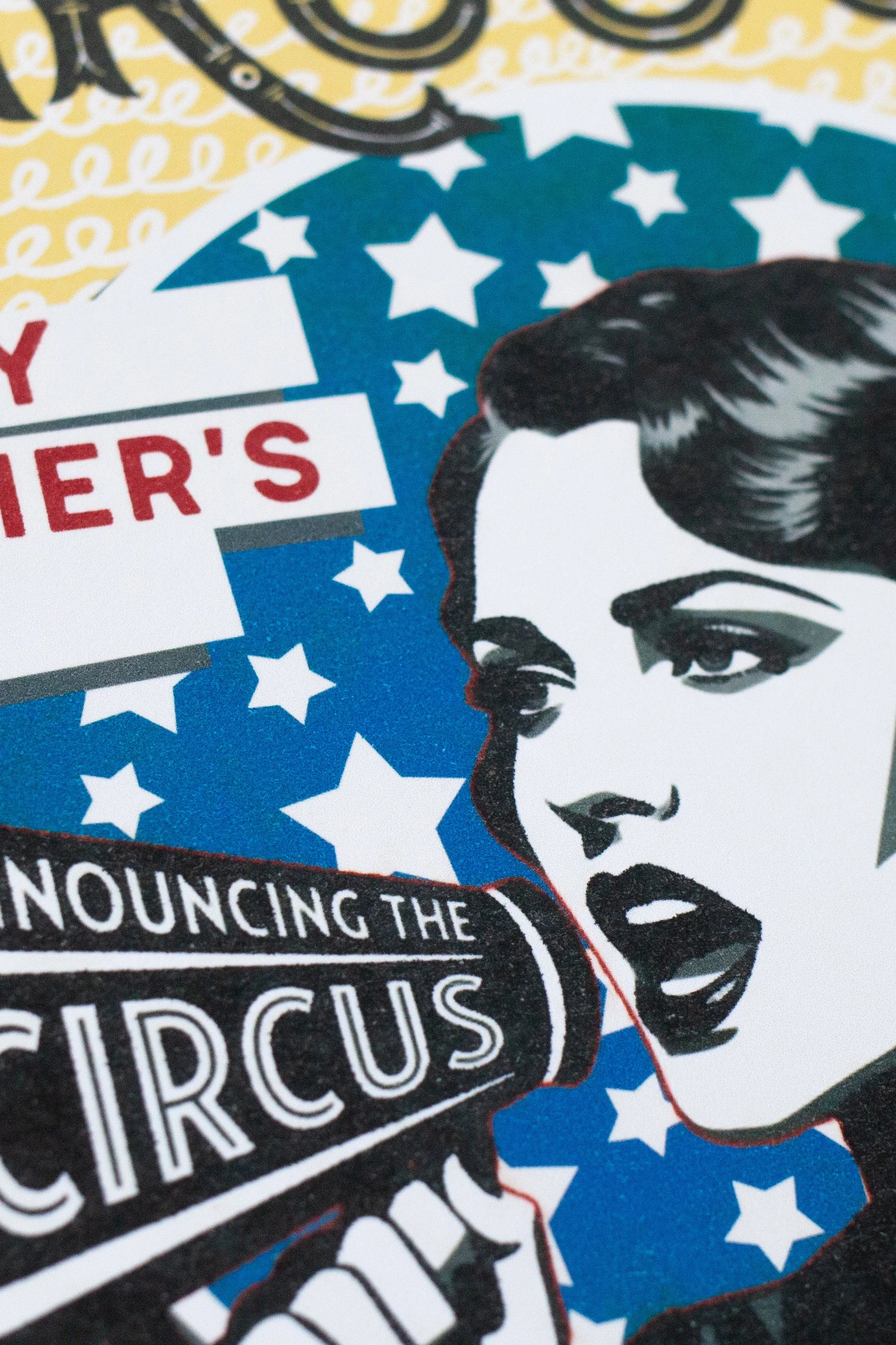 detail shot of Mother’s Day with bold vintage poster inspired circus theme funny card for mom.