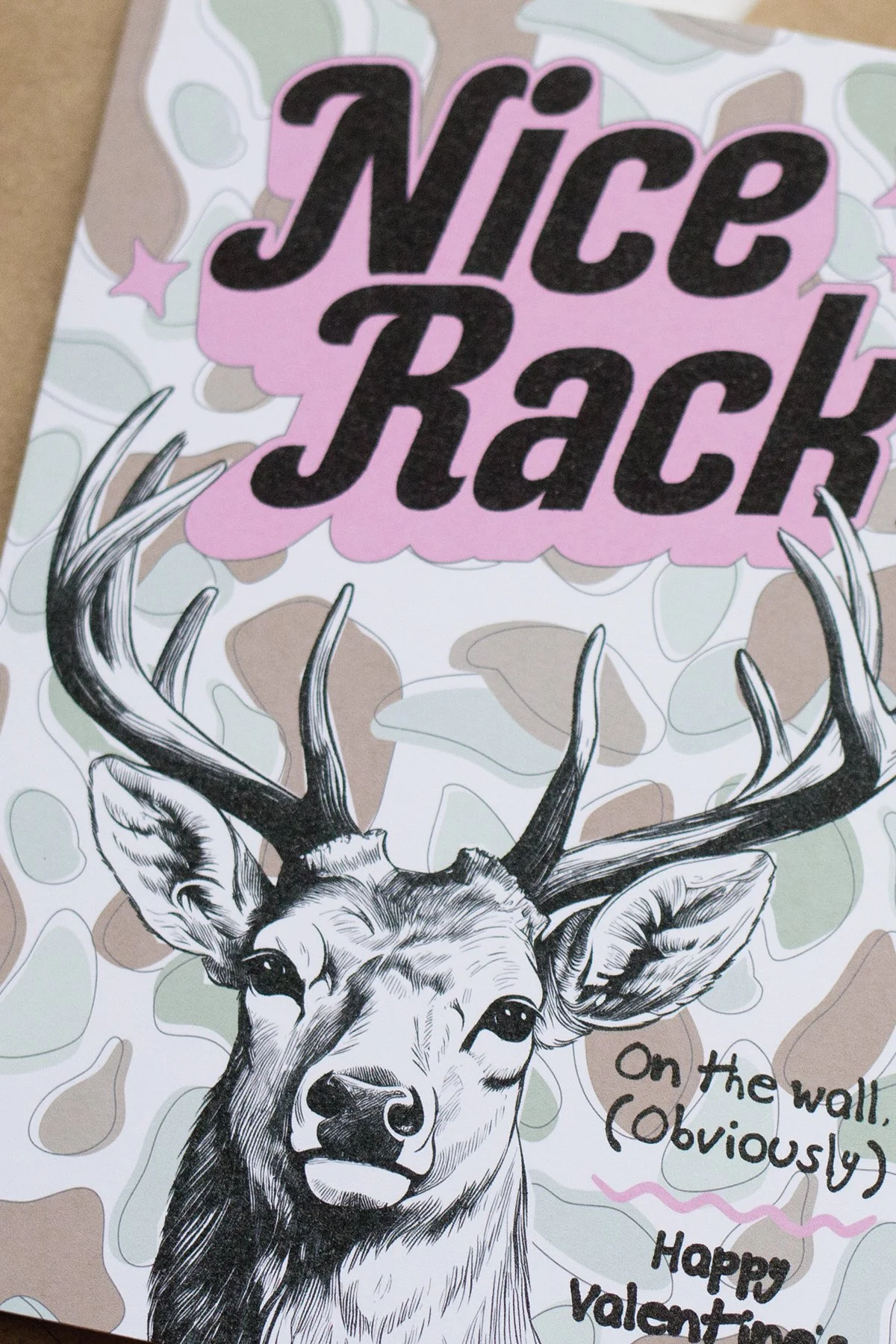 Funny 'Nice Rack' Deer Camo Valentine's Day Card - Blank Inside