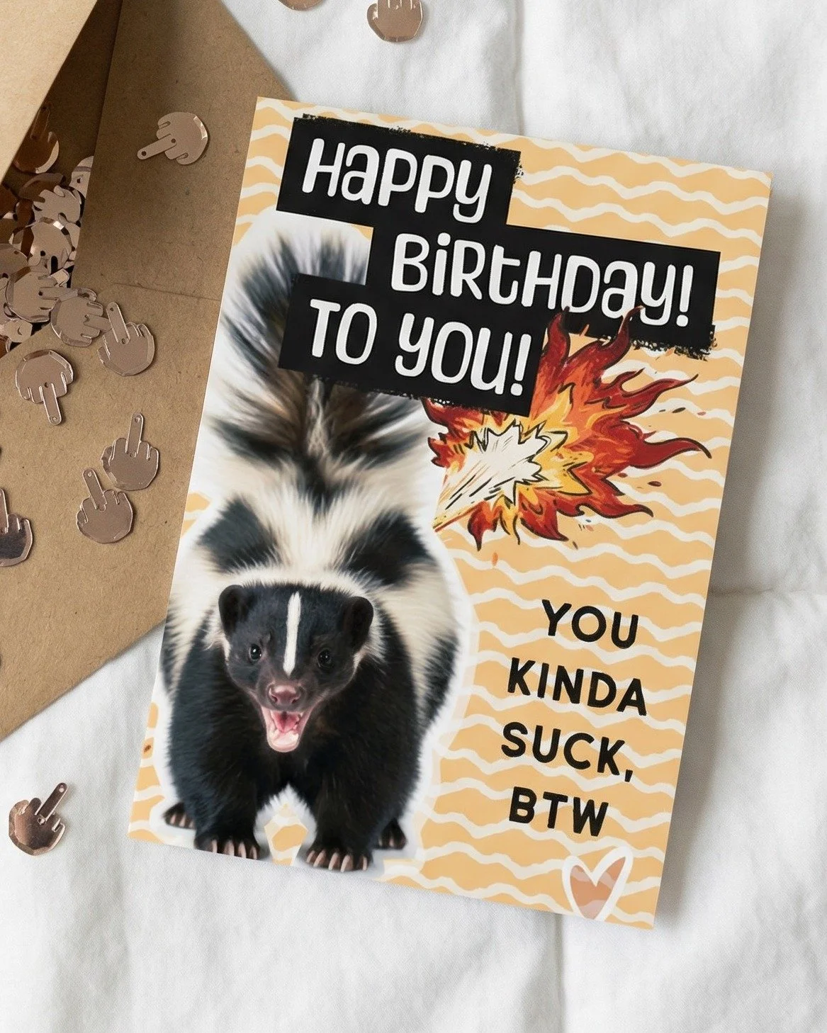 This card was fun to make, and inspired by my 17 yr old son. He doesn't think I took it far enough, but for one of my beginner cards, I think I nailed it 👊
Card: 'You Kinda Suck, BTW'
P.S. Does not include the middle finger sequins, sorry... future 