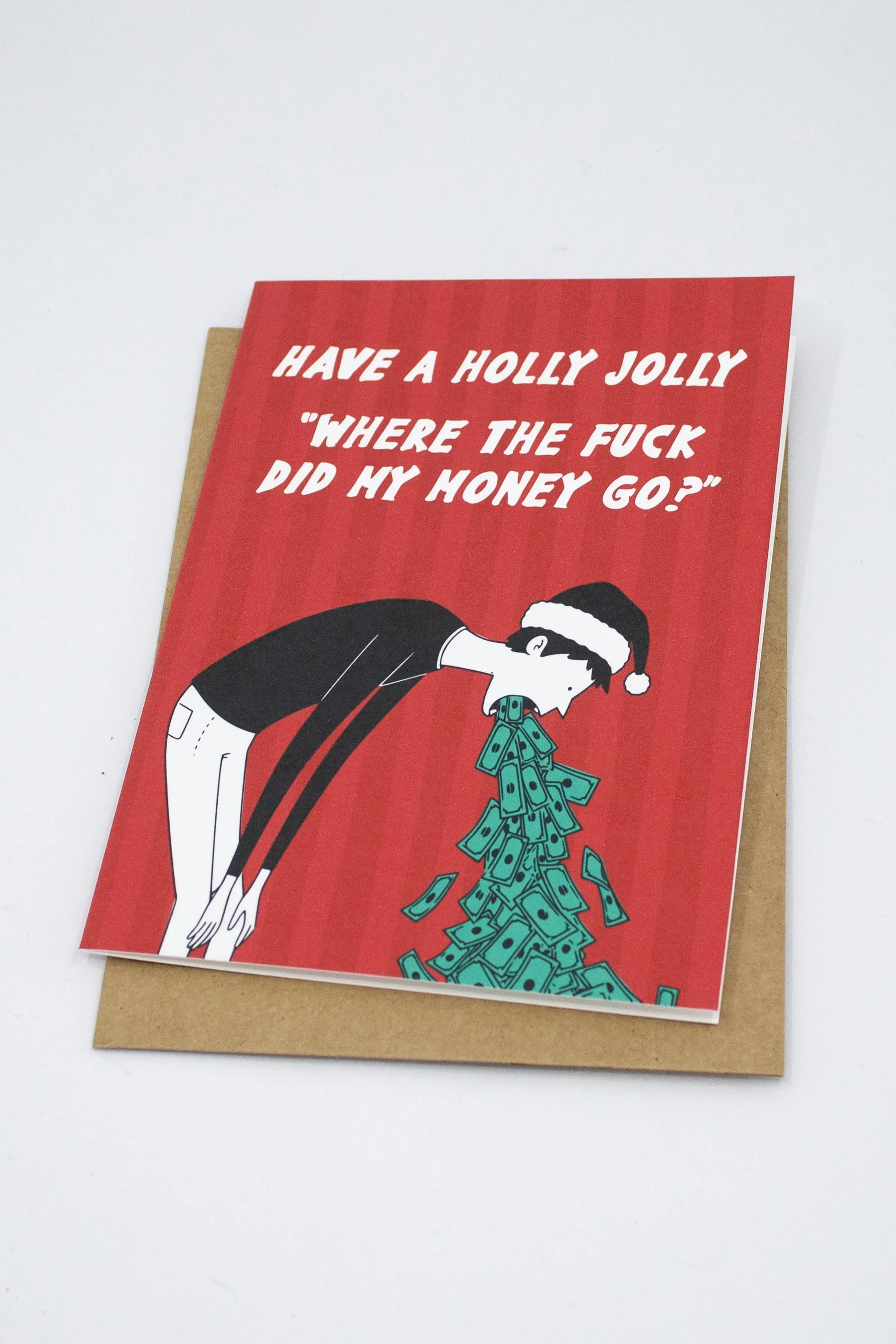 Funny illustrated Christmas card about holiday overspending