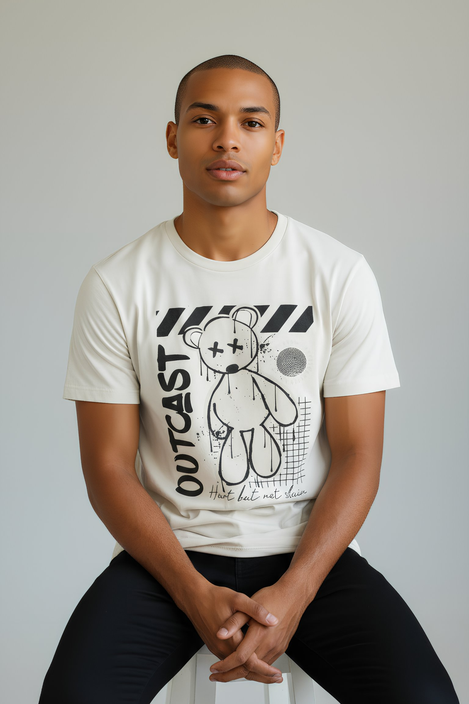 off-white tshirt with bold graphic of graffiti teddy bear representing being a black sheep, or outcast