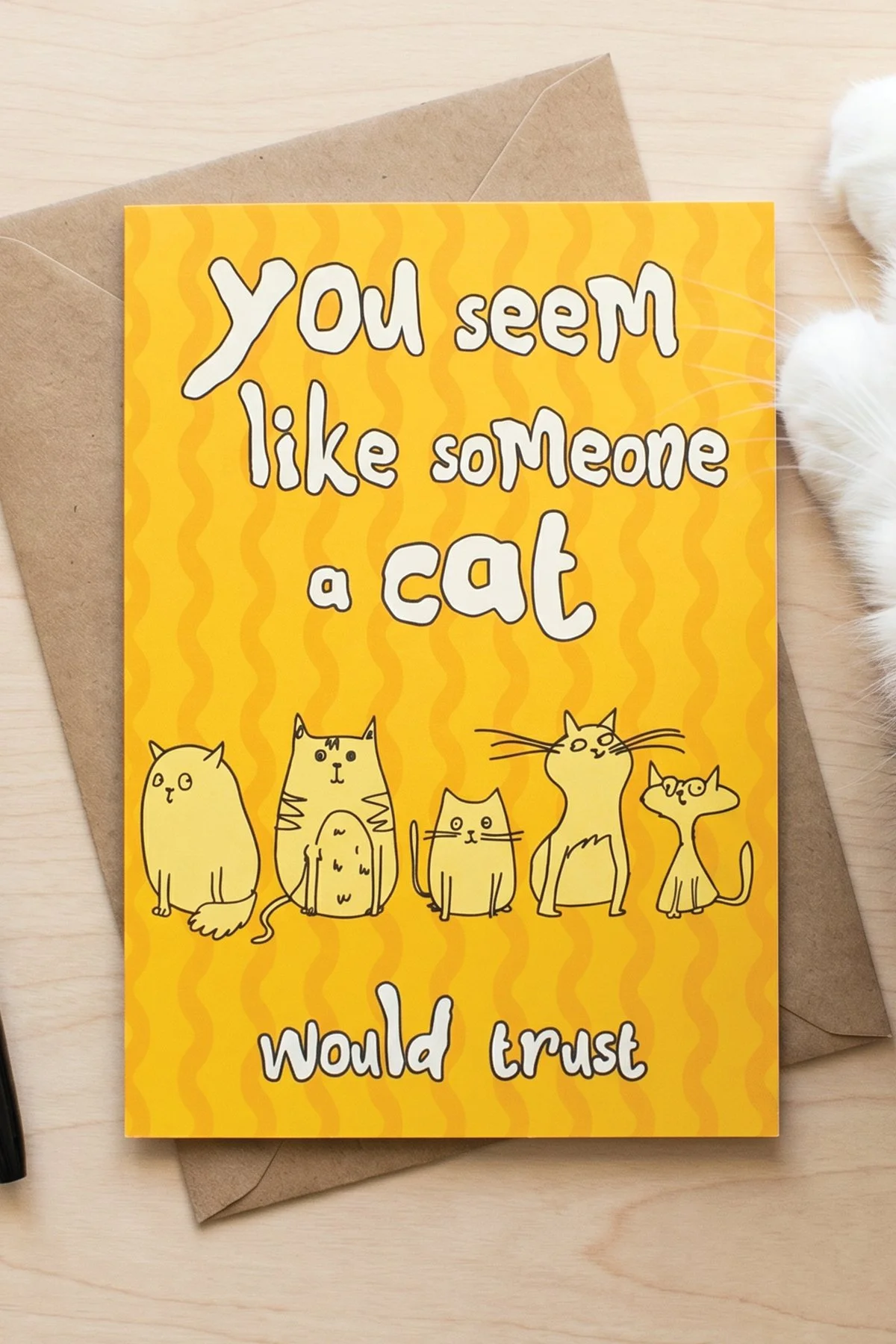 funny kitty humor card featuring cute cat line drawing illustrations, with the message "You seem like someone a cat would trust."