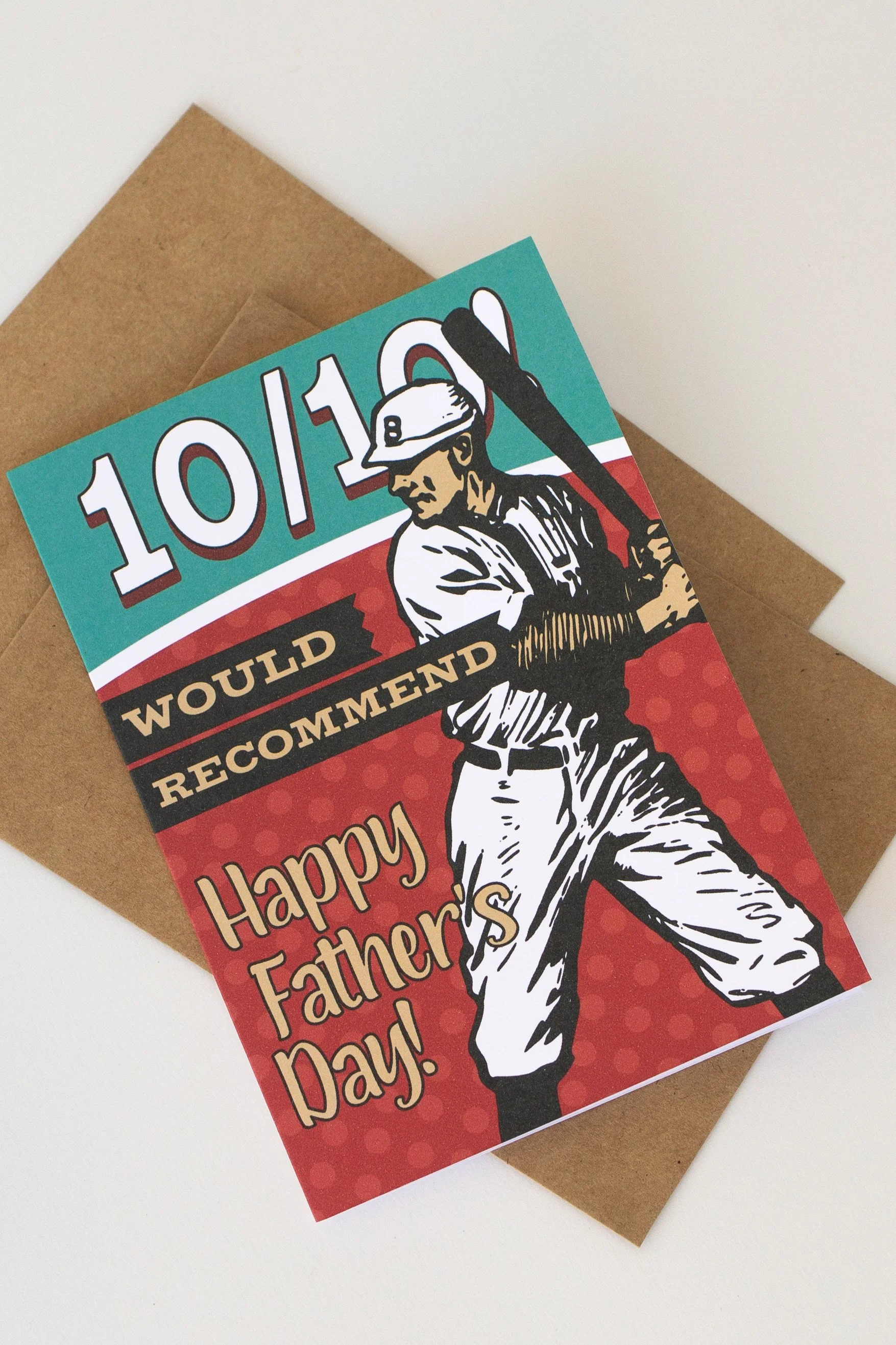 Tell your baseball loving fan dad Happy Father’s Day with this light-hearted and sarcastic red and teal card.