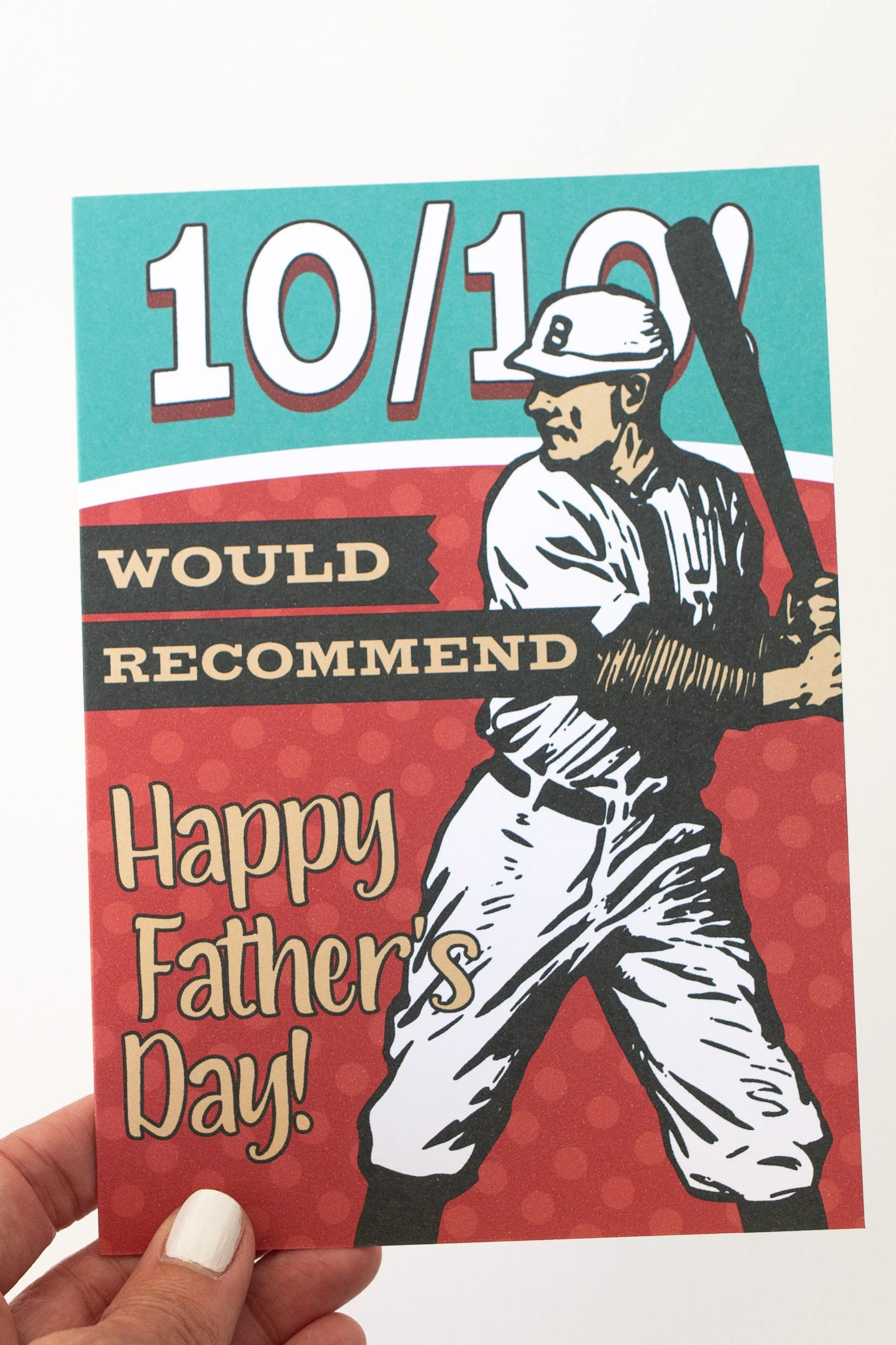 Tell your baseball loving fan dad Happy Father’s Day with this light-hearted and sarcastic red and teal card.