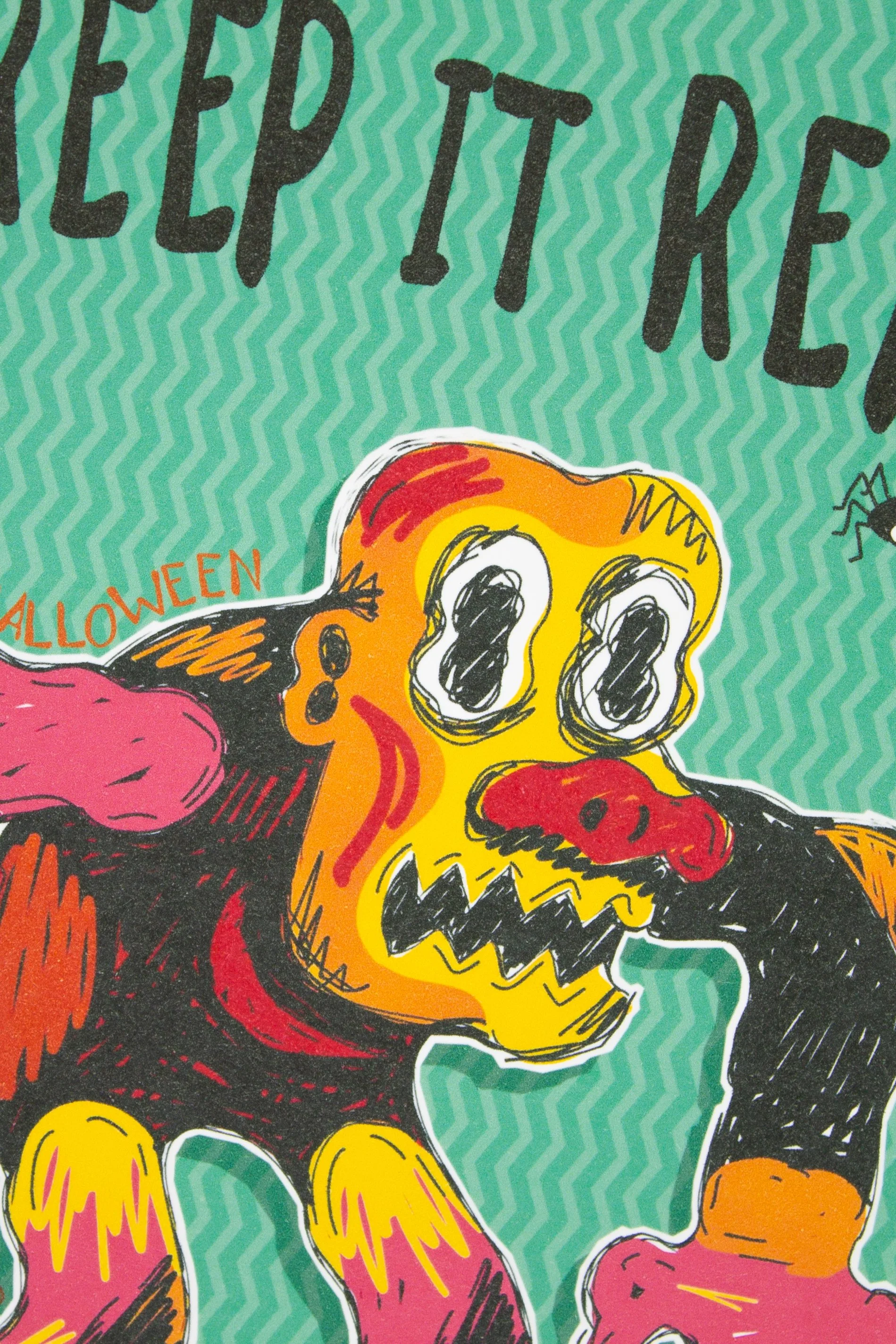 This funny Halloween greeting card features a brightly colored monster and the delightfully groan-worthy message, "Creep it Real."