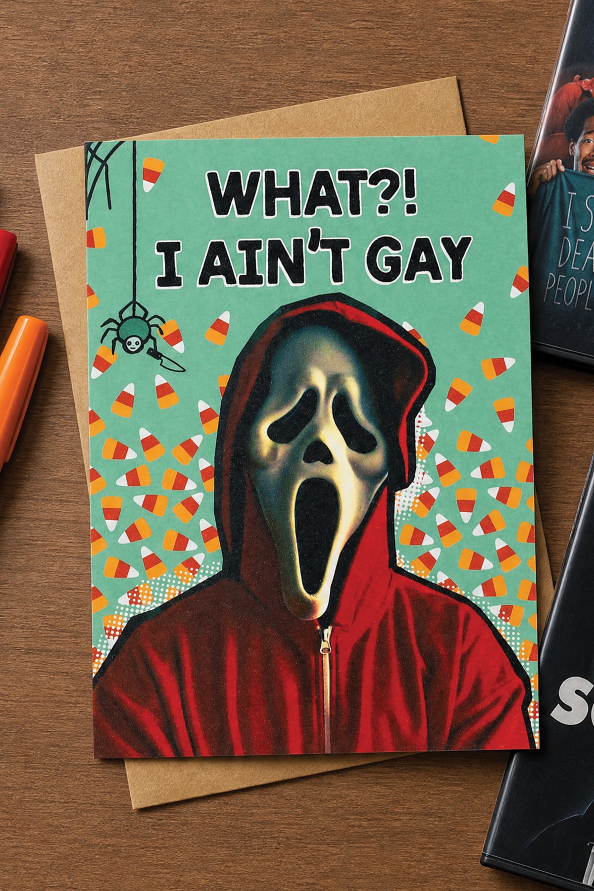 Parody style 2000s Scary Movie quote, Scream movie inspired Halloween card.