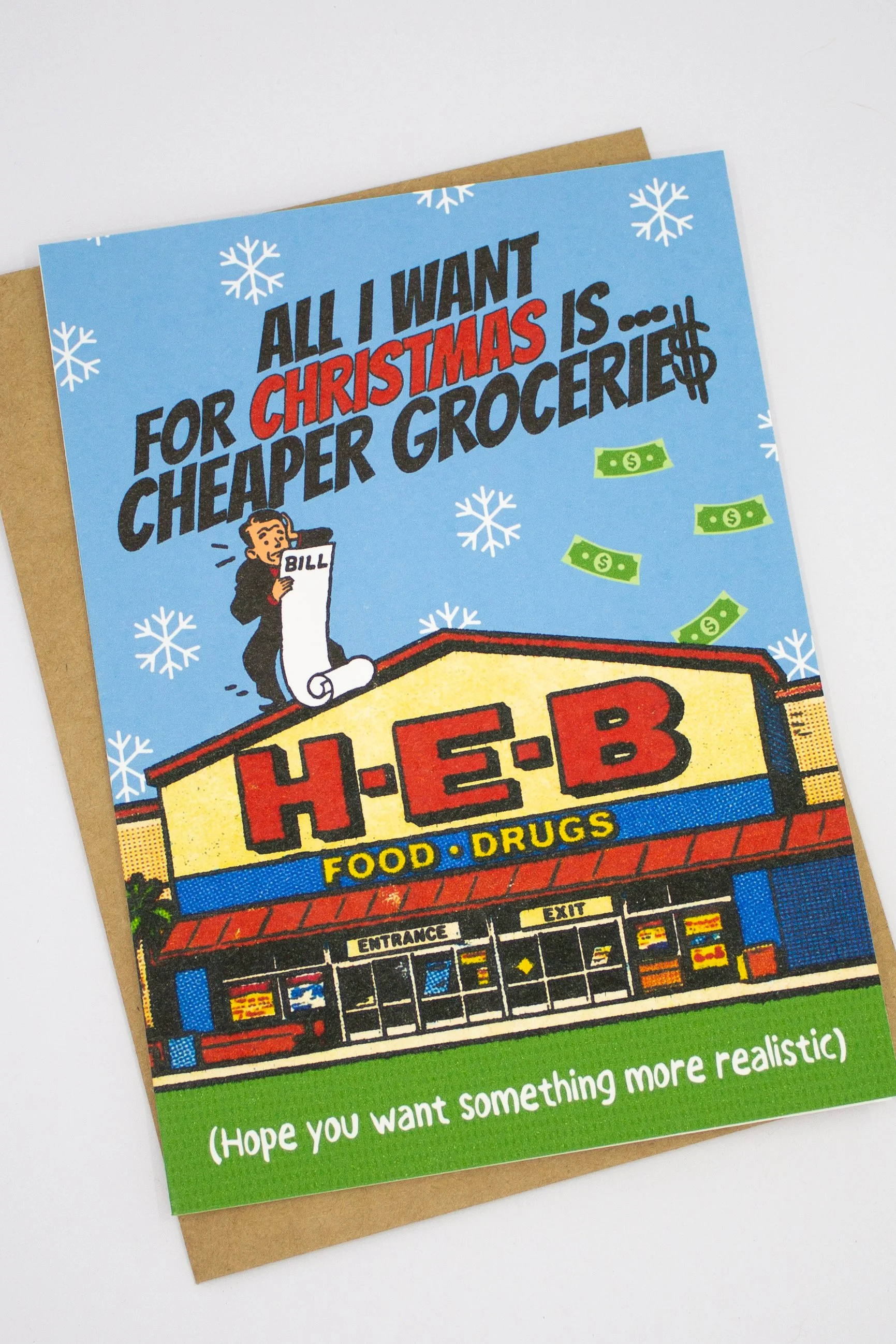 Funny Christmas greeting card featuring a risograph-style illustration inspired by a Texas grocery store and inflation rising prices