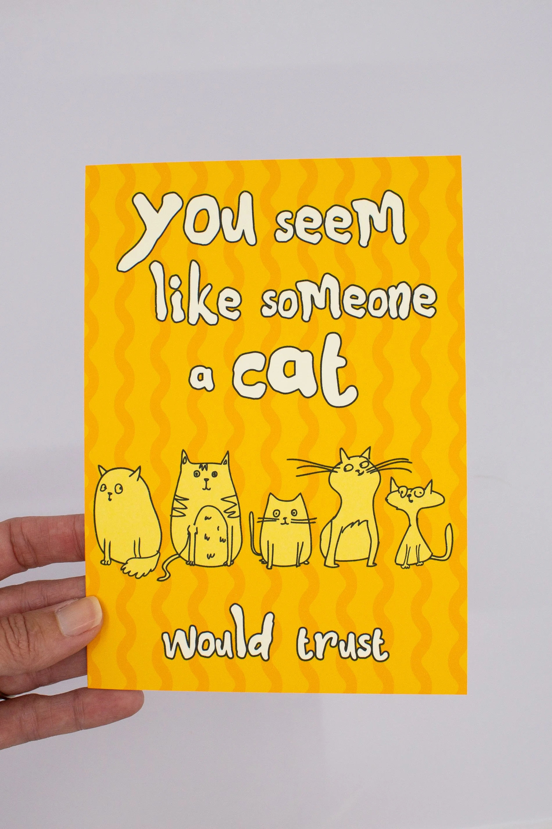 funny kitty humor card featuring cute cat line drawing illustrations, with the message "You seem like someone a cat would trust."