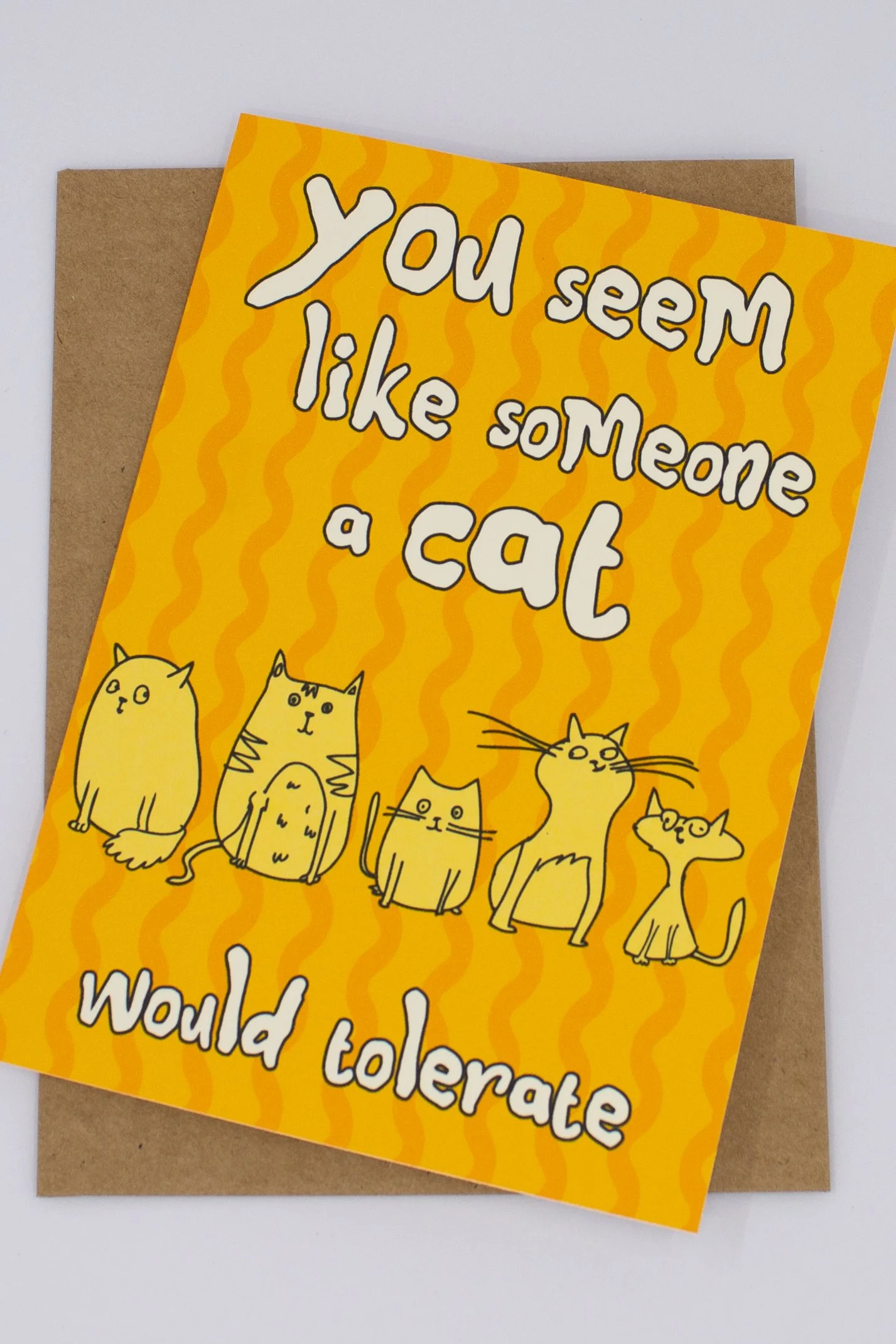funny kitty humor card featuring cute cat line drawing illustrations, with the message "You seem like someone a cat would tolerate."