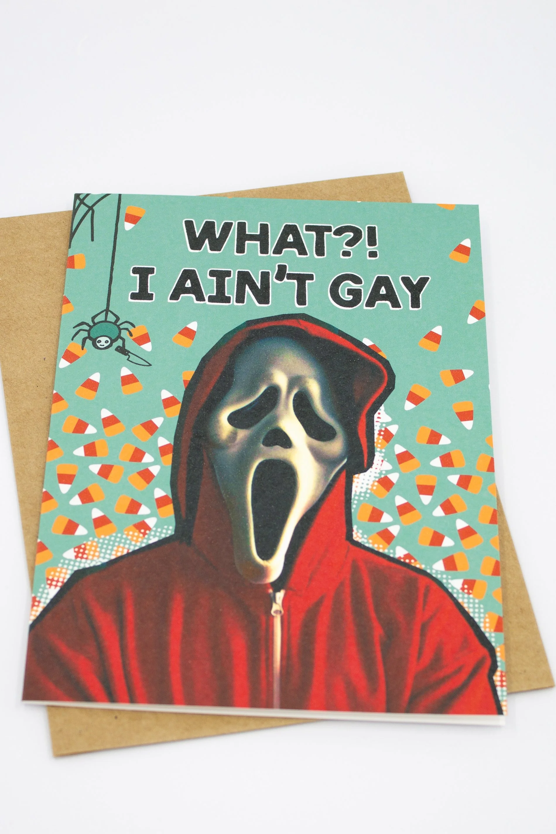 Parody style 2000s Scary Movie quote, Scream movie inspired Halloween card.