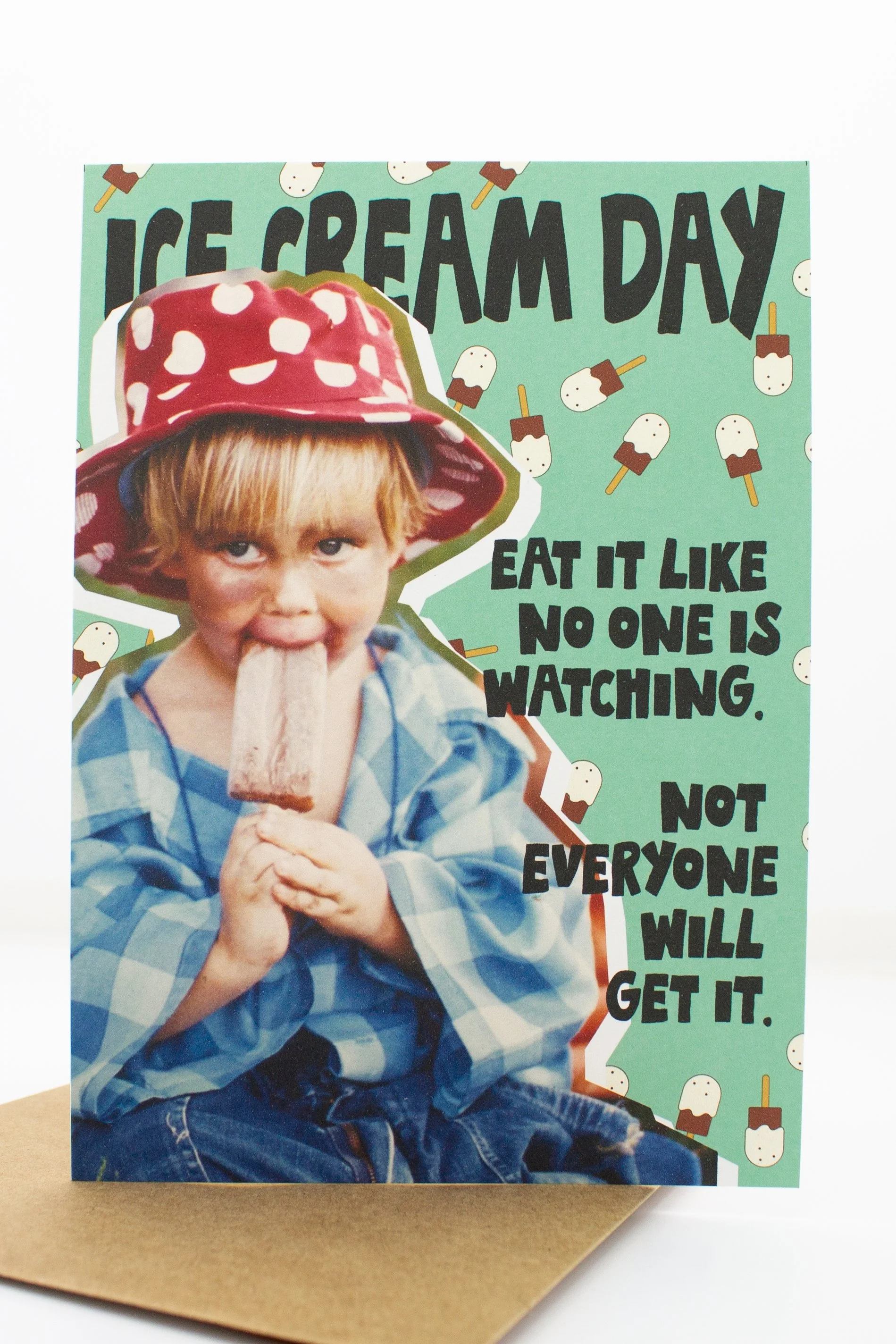 Humorous and silly National Ice Cream Day card with light colored pistachio background and ice cream popsicles.