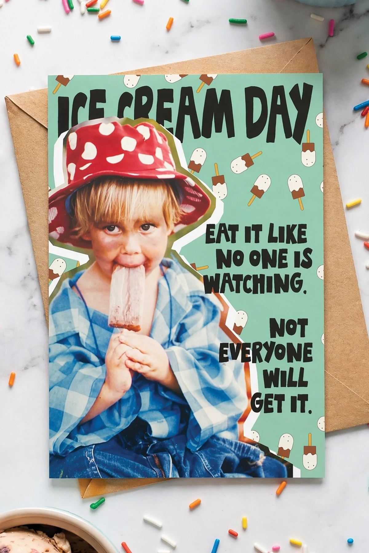 Humorous and silly National Ice Cream Day card with light colored pistachio background and ice cream popsicles.