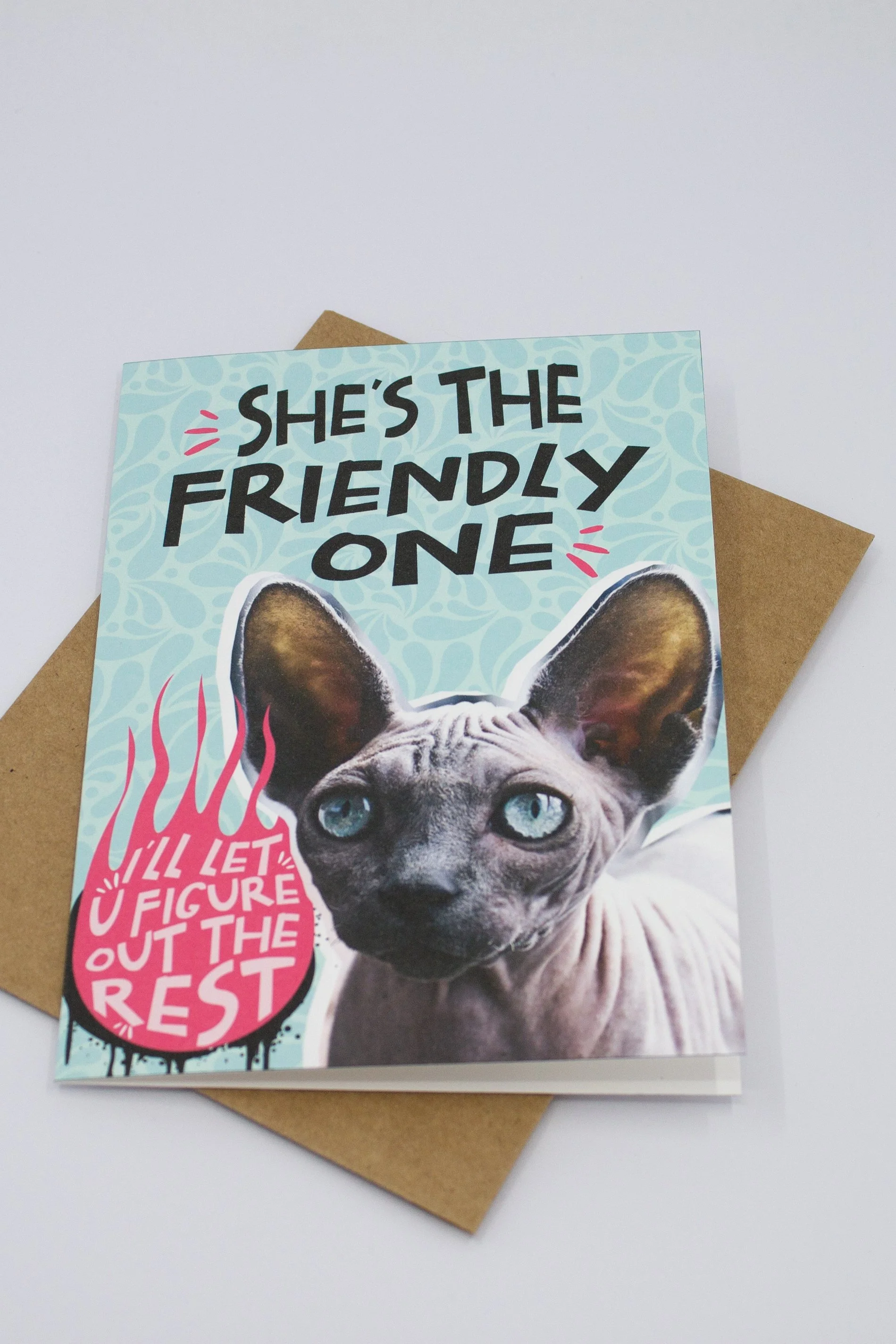 This adult humor card features a hairless cat with the slightly suggestive message “She’s the friendly one… I’ll let you figure out the rest.”