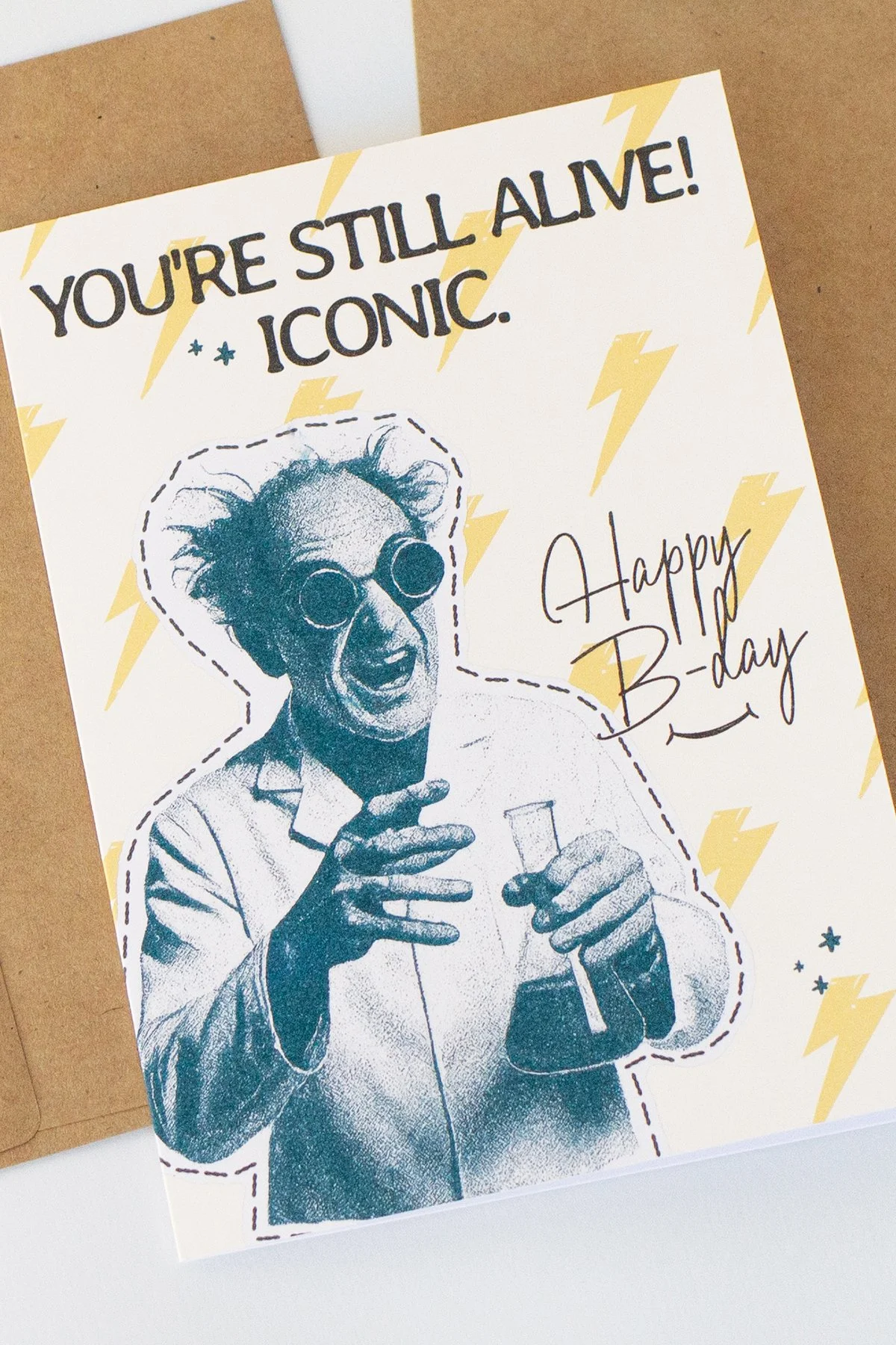 Sarcastic, retro mad scientist birthday card with lightening bolts