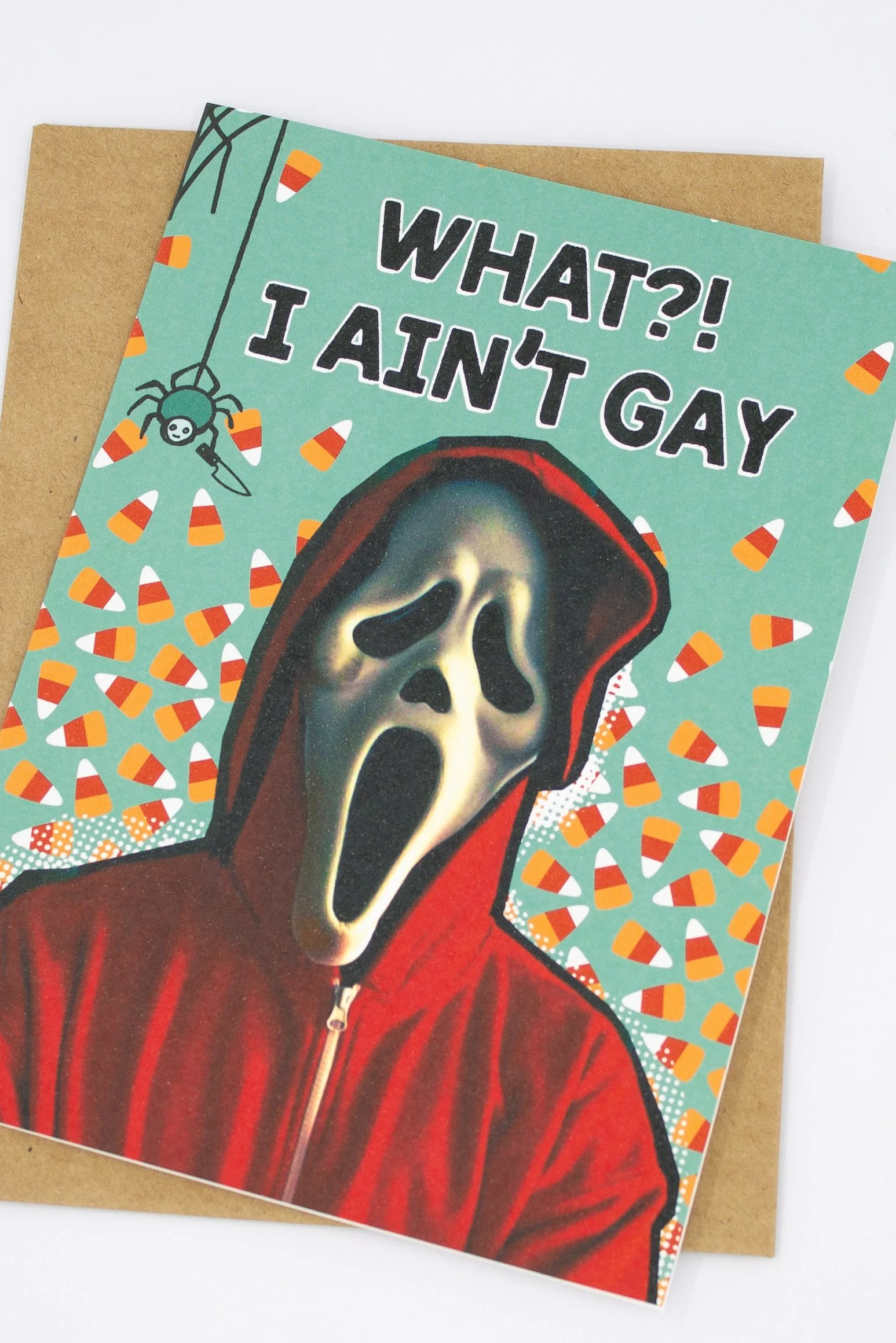 Parody style 2000s Scary Movie quote, Scream movie inspired Halloween card.