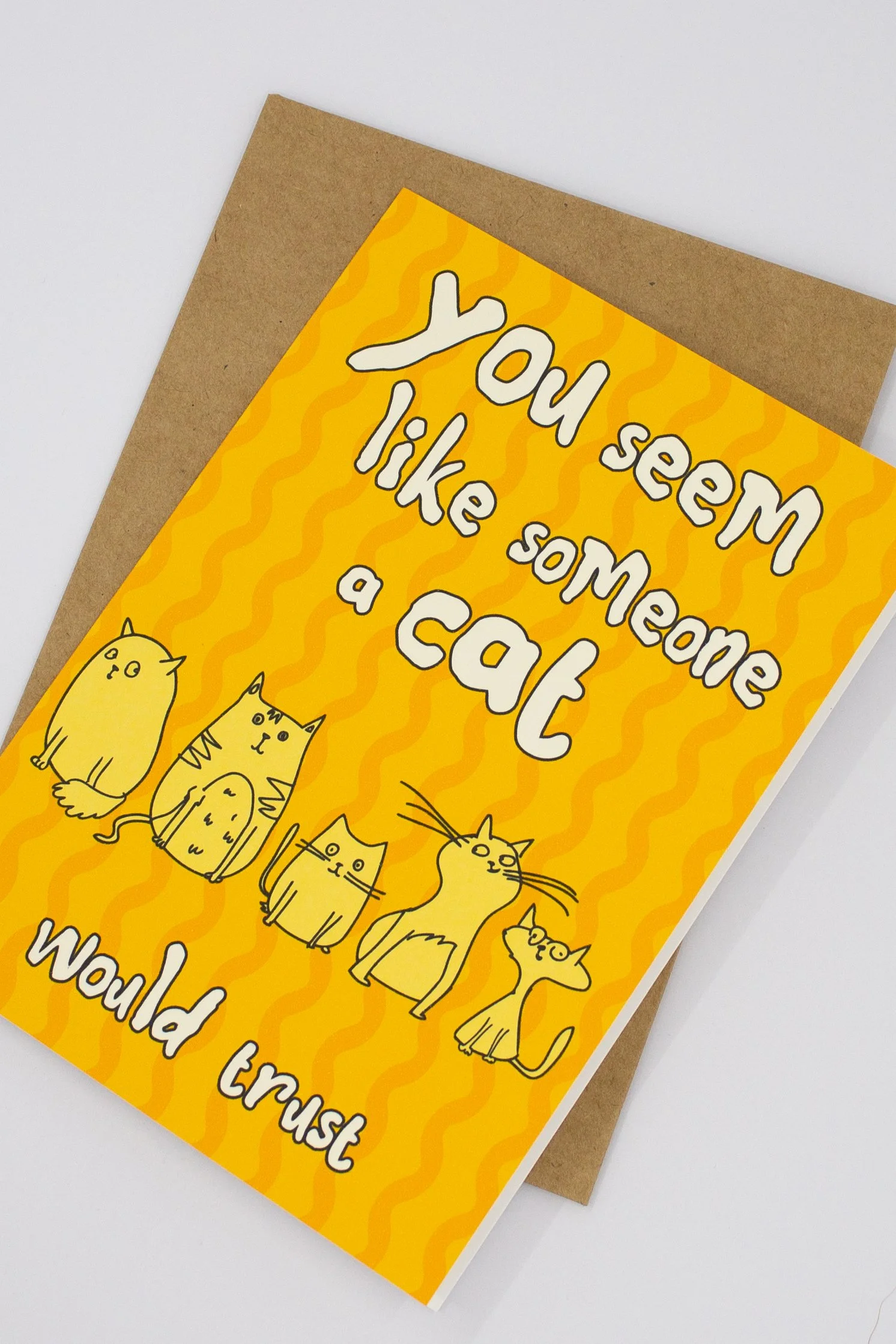 funny kitty humor card featuring cute cat line drawing illustrations, with the message "You seem like someone a cat would trust."