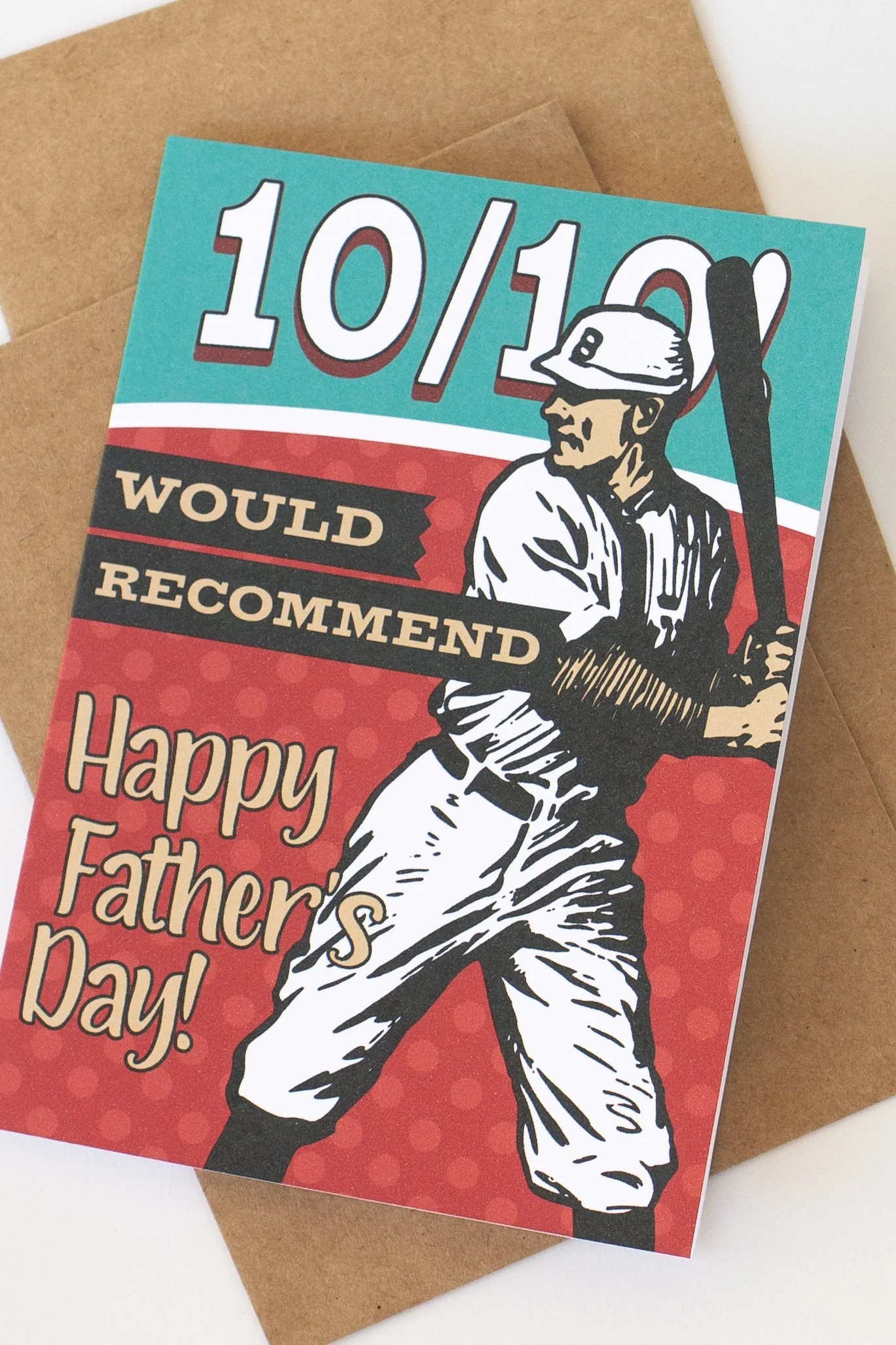 Tell your baseball loving fan dad Happy Father’s Day with this light-hearted and sarcastic red and teal card.