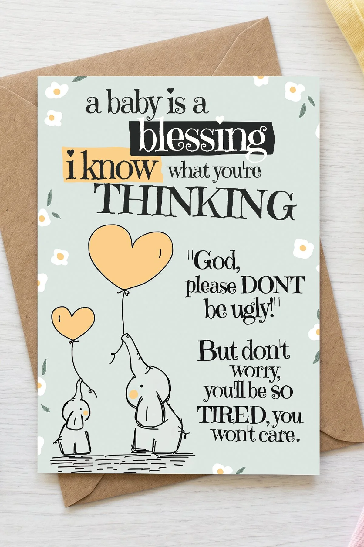 funny new baby girl or boy card with mom & baby elephant