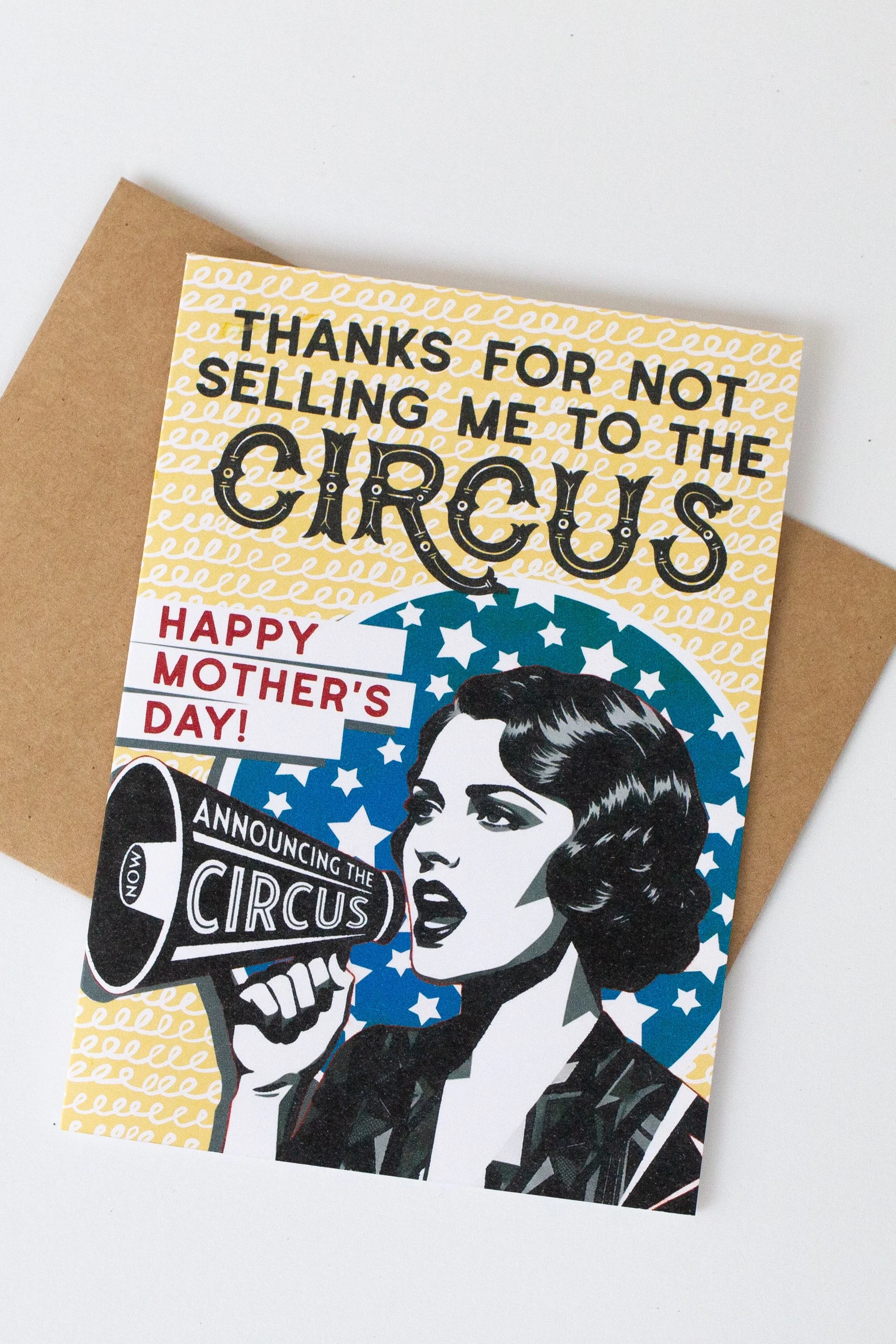 Say thanks mom & Happy Mother’s Day with this bold vintage poster inspired circus theme funny card for mom.