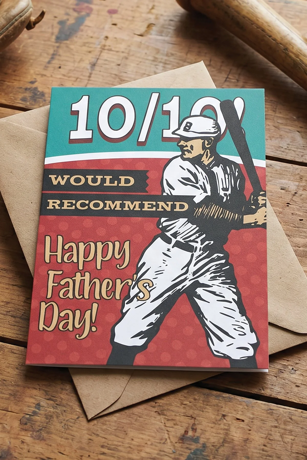 Tell your baseball loving fan dad Happy Father’s Day with this light-hearted and sarcastic red and teal card.