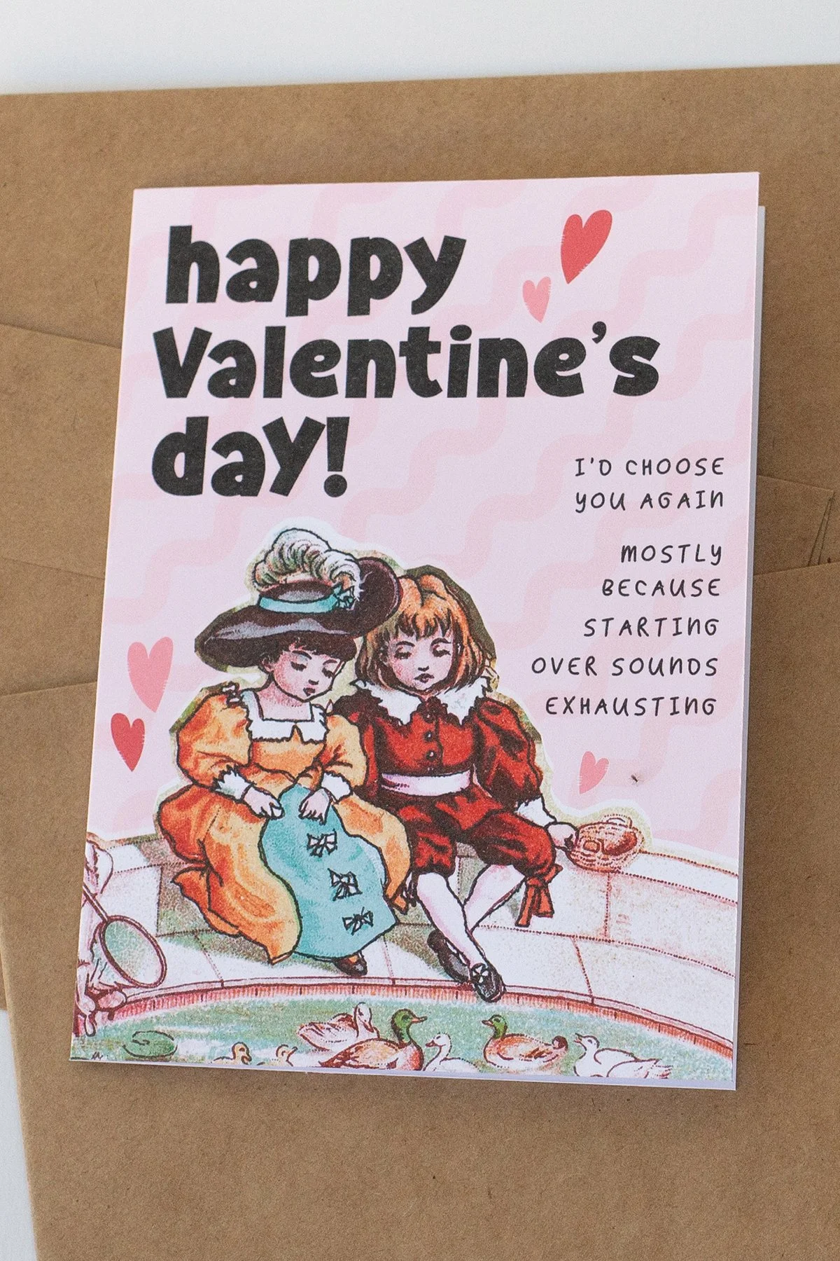 Funny Vintage Illustration with Ducks Valentine's Day Card - Blank Inside