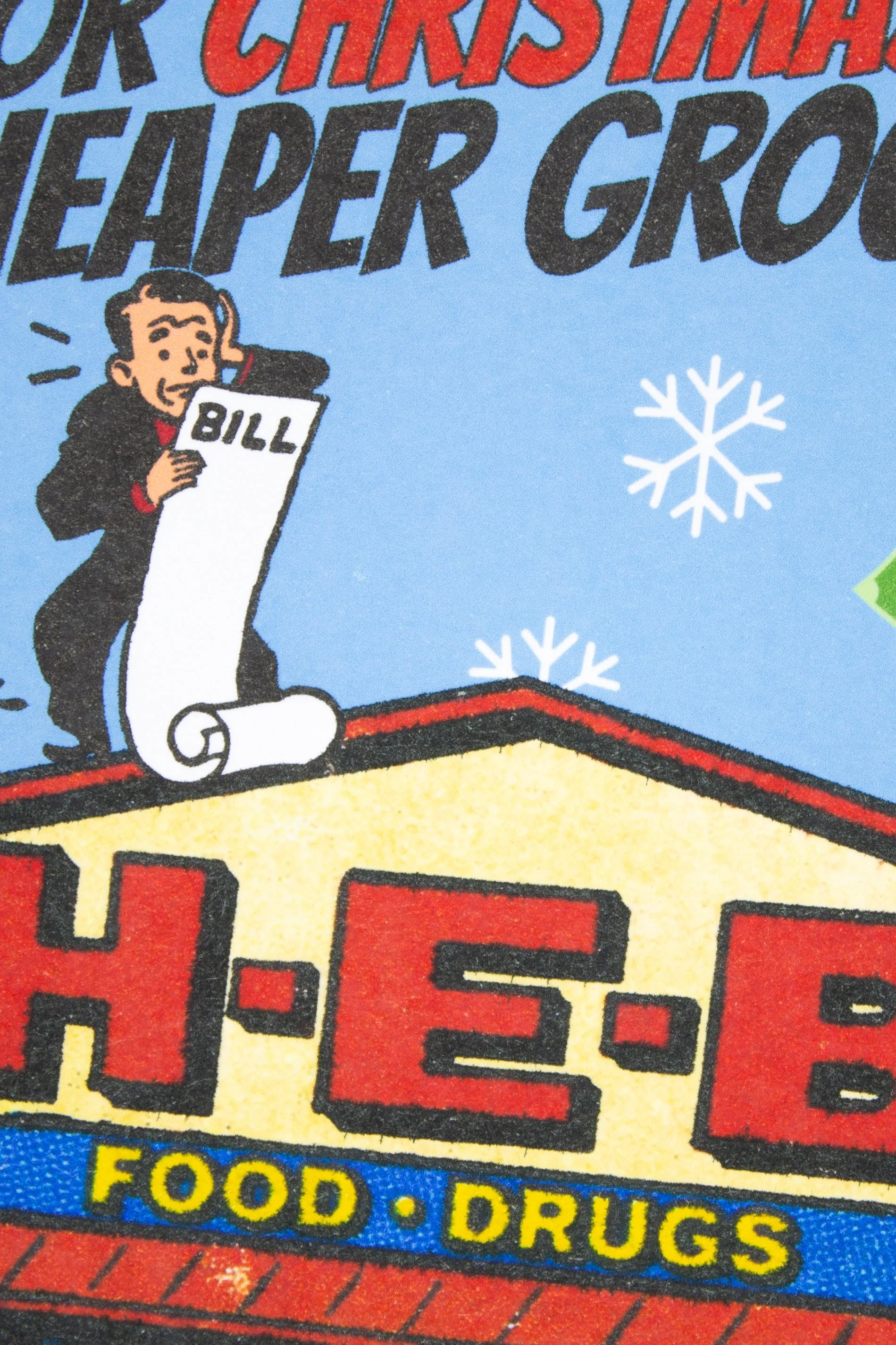 Funny Christmas greeting card featuring a risograph-style illustration inspired by a Texas grocery store and inflation rising prices