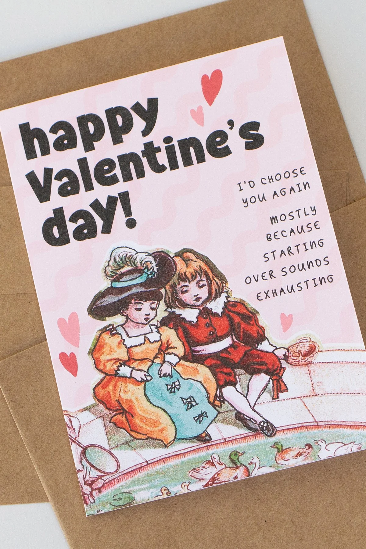 Funny Vintage Illustration with Ducks Valentine's Day Card - Blank Inside