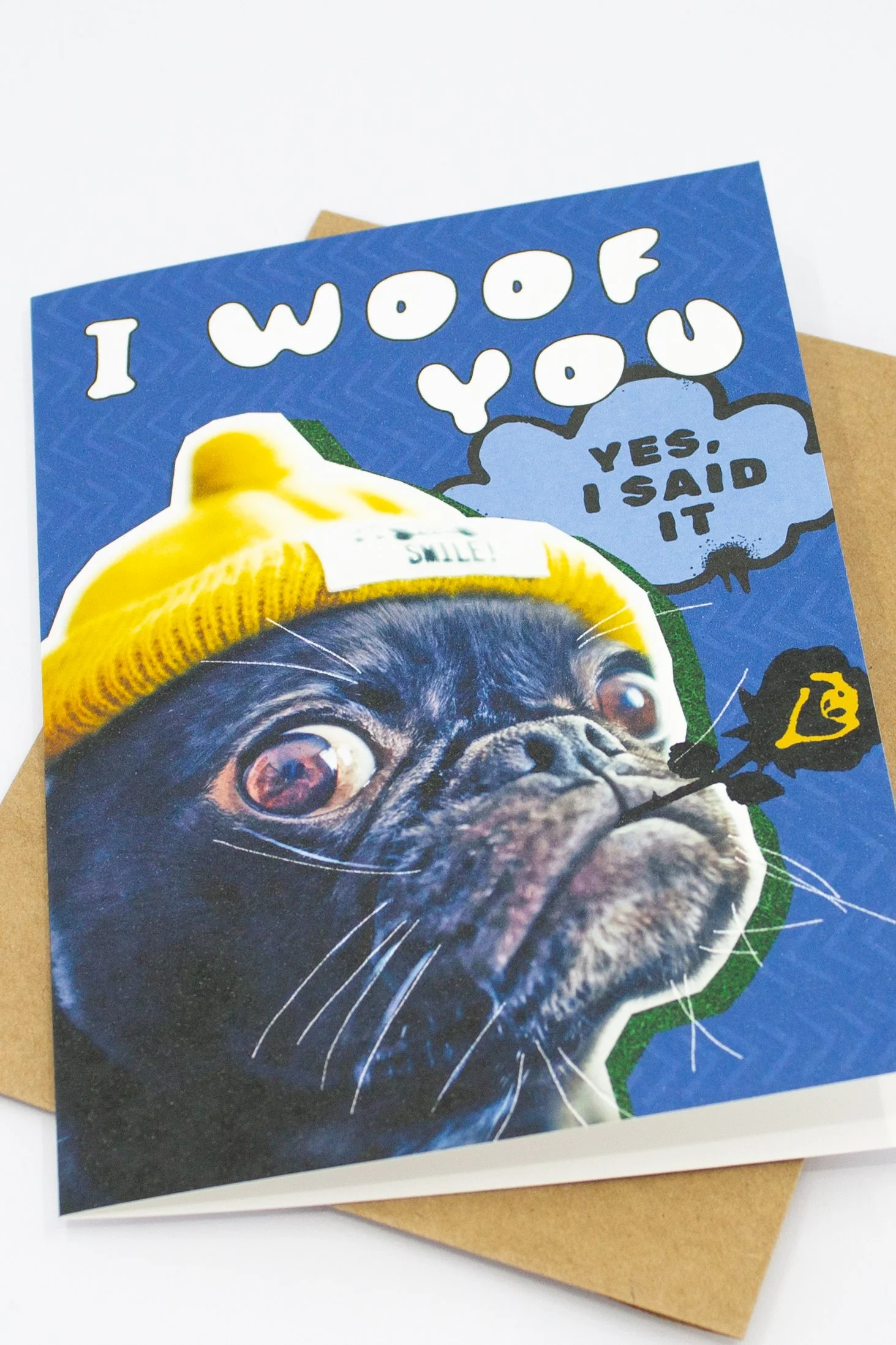 Funny bold blue dog lover greeting card is made for couples who love each other almost as much as they love their dog.