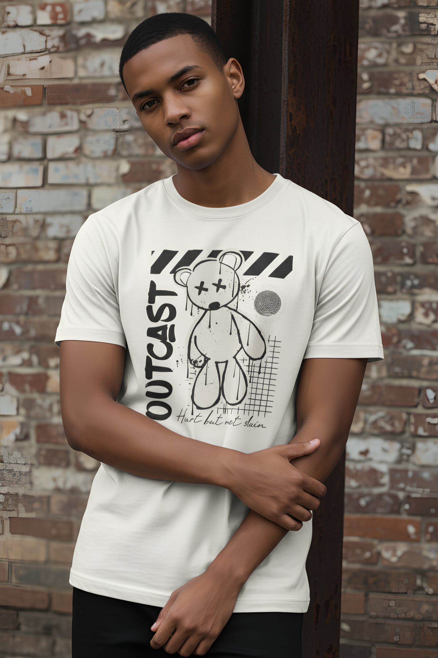 off-white tshirt with bold graphic of graffiti teddy bear representing being a black sheep, or outcast