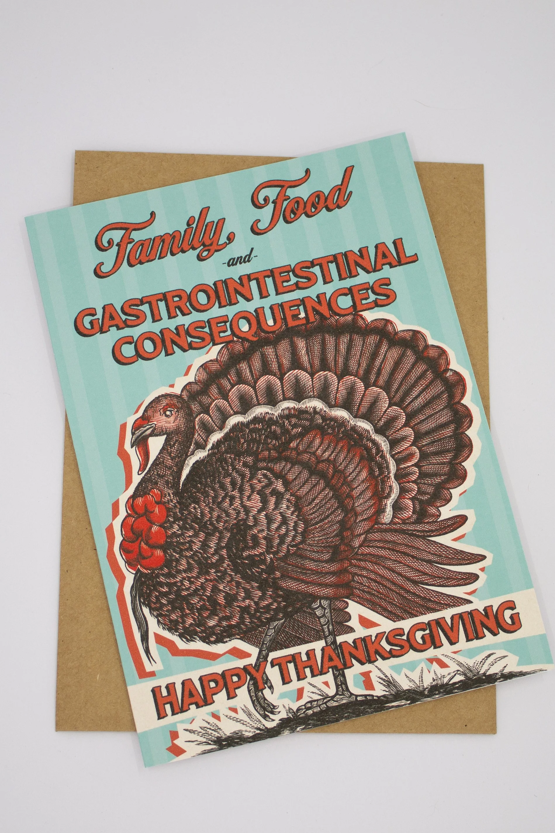 funny Thanksgiving greeting card features a vintage-style turkey with the painfully relatable message