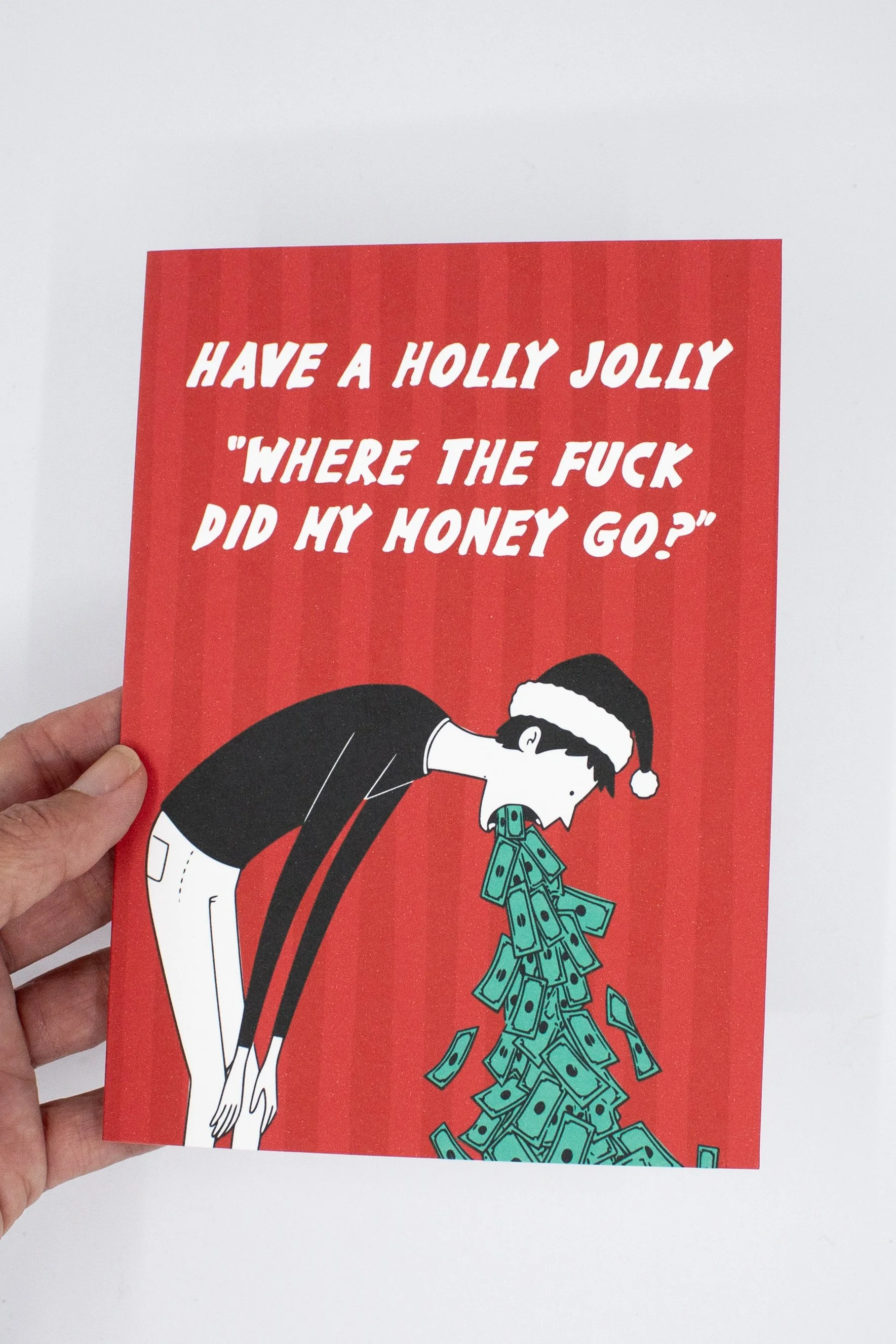 Funny illustrated Christmas card about holiday overspending