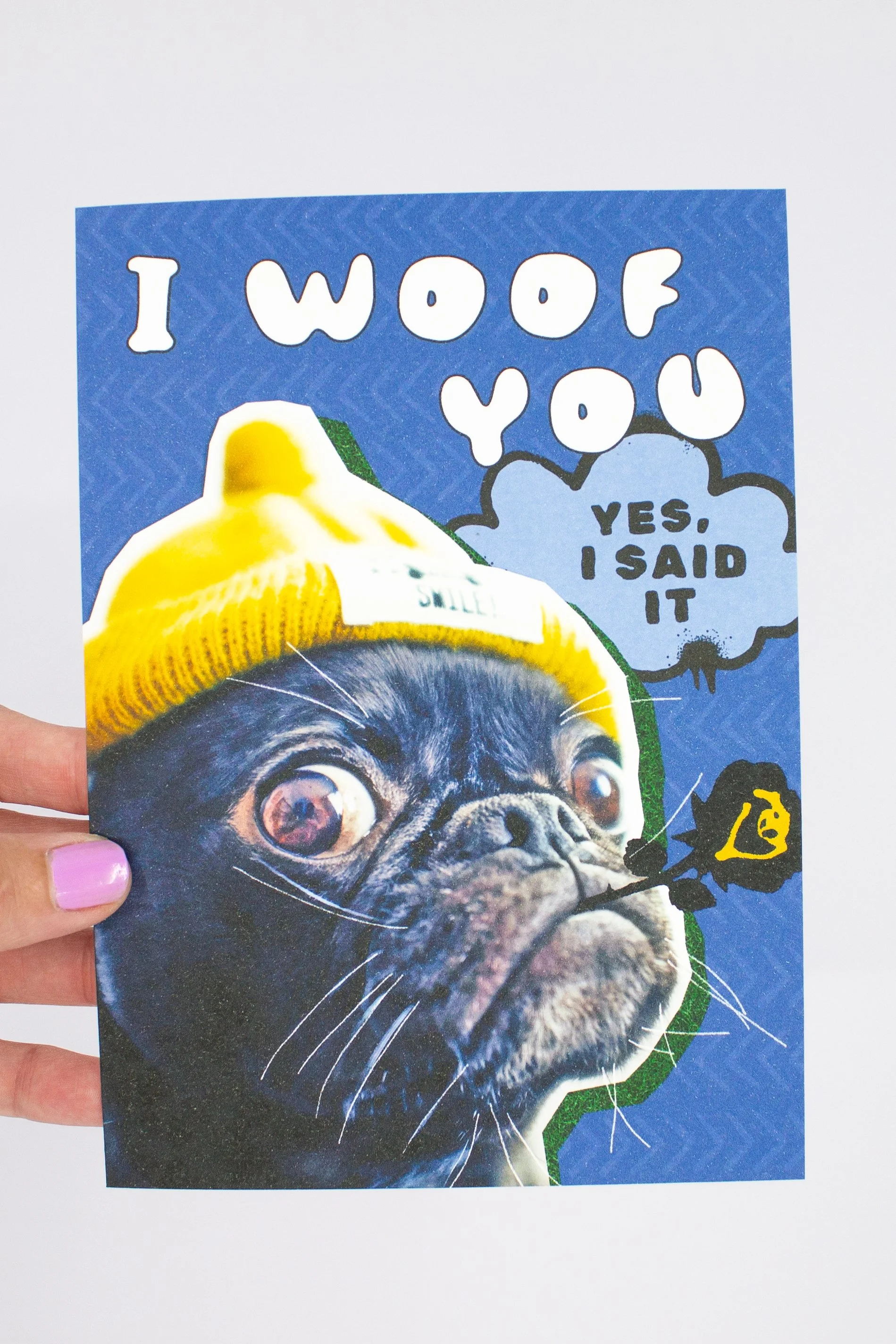 Funny bold blue dog lover greeting card is made for couples who love each other almost as much as they love their dog.