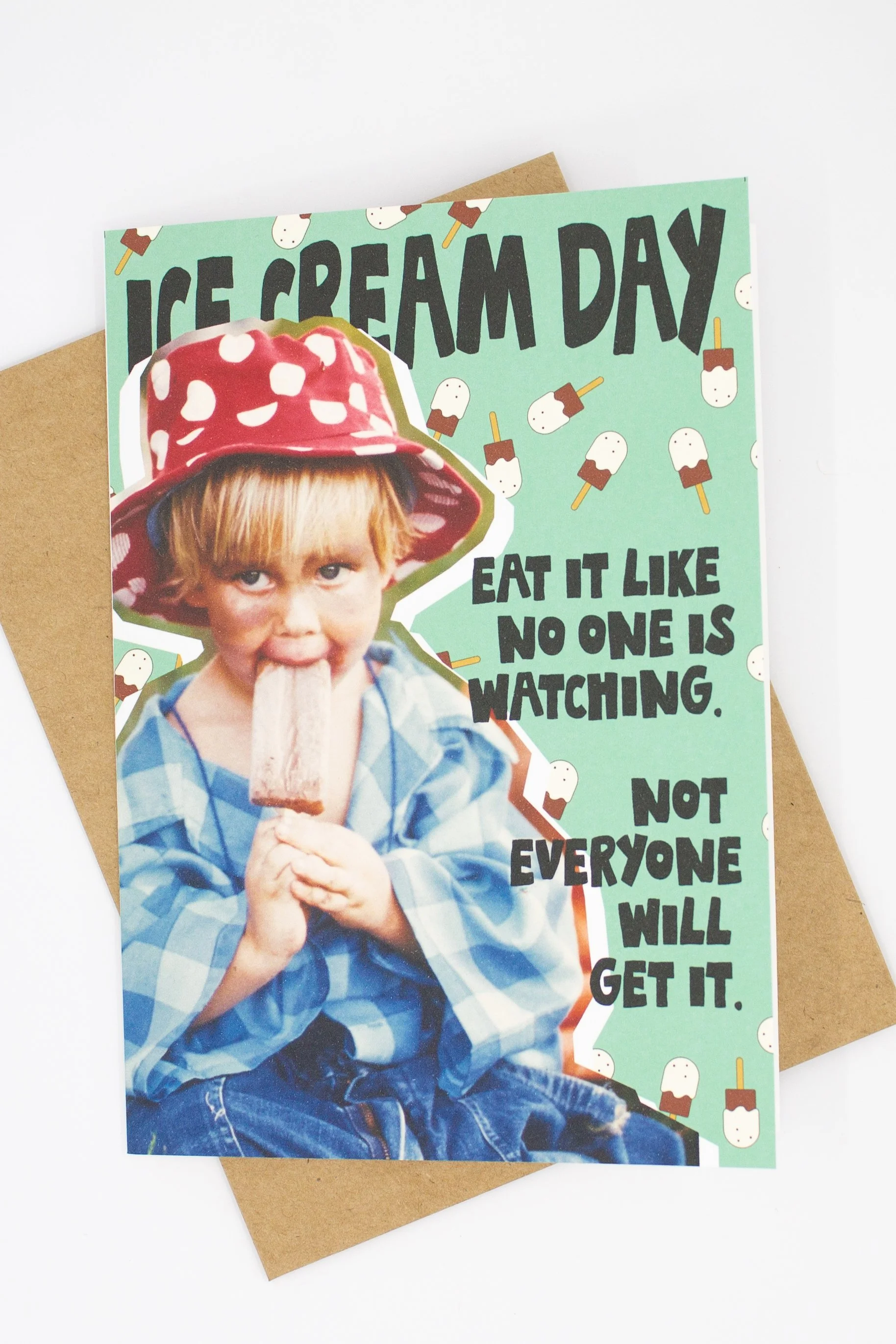 Humorous and silly National Ice Cream Day card with light colored pistachio background and ice cream popsicles.